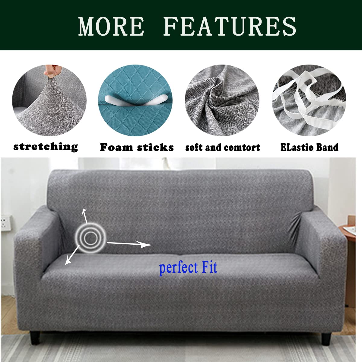 Stretch Sofa Cover for 3-Seat Couch - Light Grey Furniture Protector Slipcover | Waterproof & Anti-Slip Living Room Couch Cover for Pets, Kids & Daily Use
