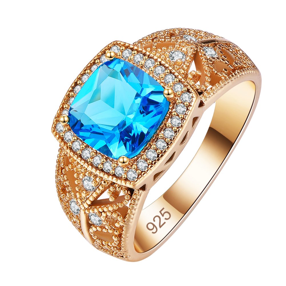 Psiroy Yellow Gold Plated Blue Topaz Halo Statement Ring for Women - Elegant Birthstone Jewelry Gift for Anniversary, Engagement & Special Occasions