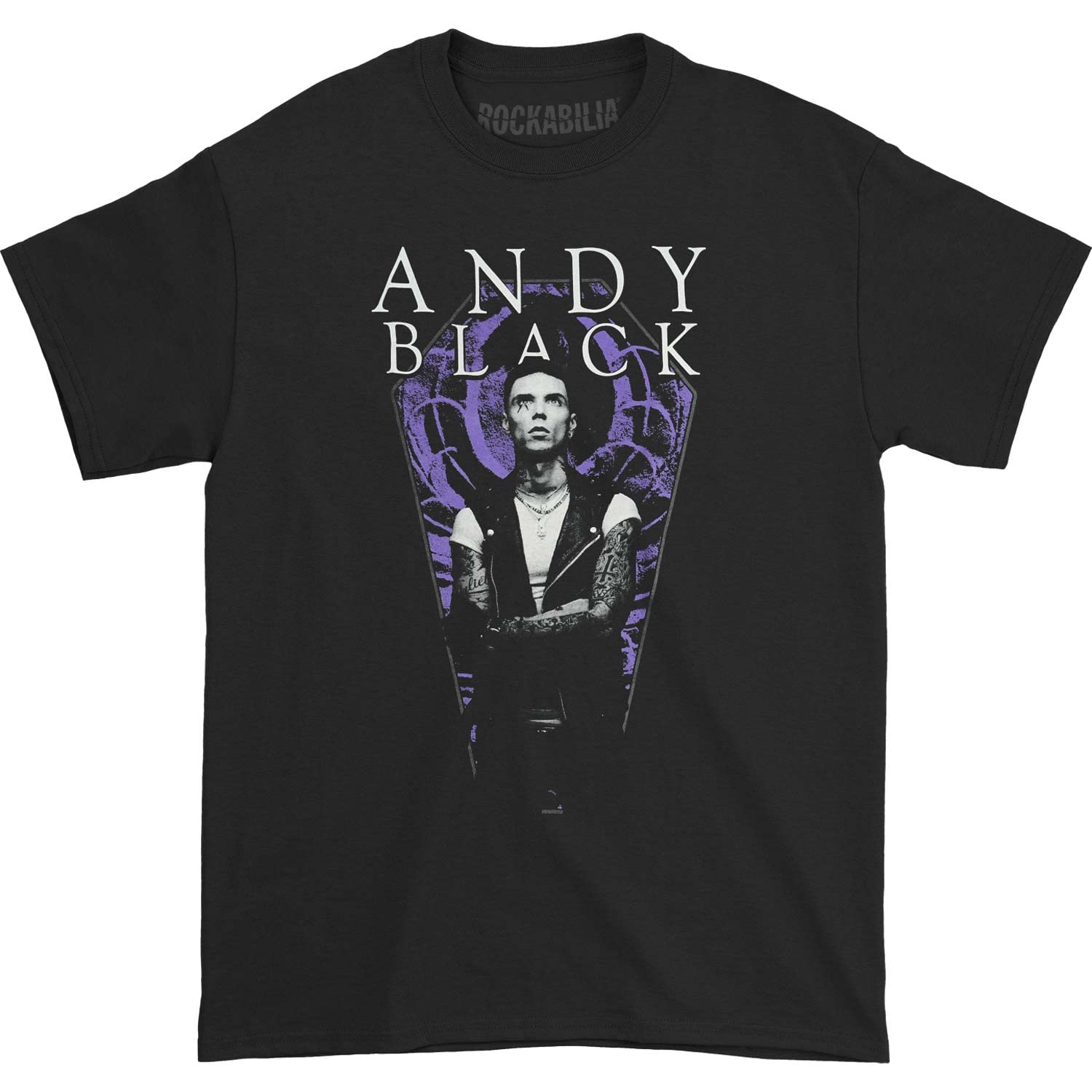 Andy Black Men's Gothic Purple Coffin Graphic T-Shirt - Black Cotton Tee for Rock Concerts, Halloween & Alternative Fashion