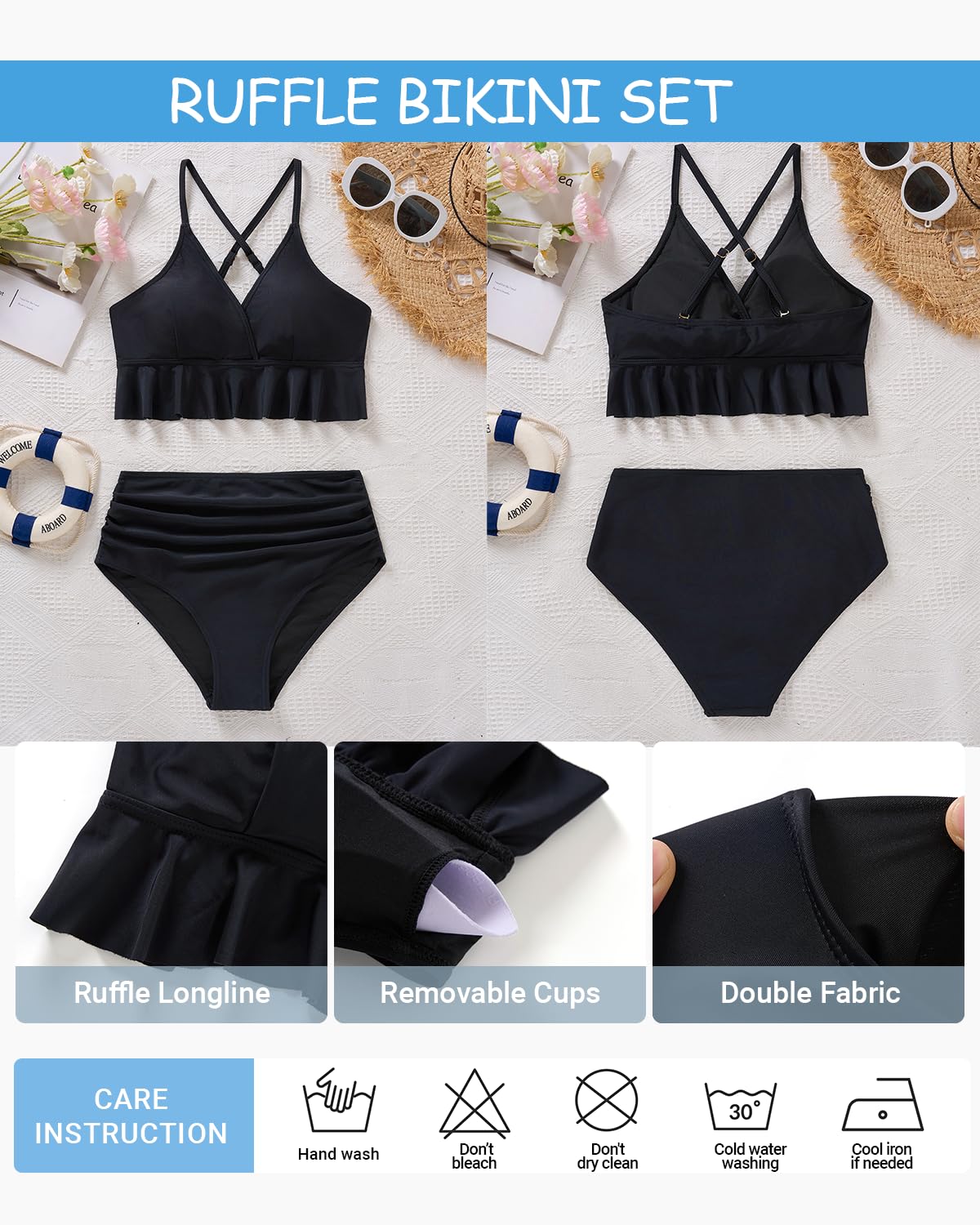 Tempt Me Women's High Waisted Bikini Set - Ruffle Flounce Two Piece Swimsuits with Tummy Control - Perfect for Beach Vacations, Pool Parties & Summer Getaways