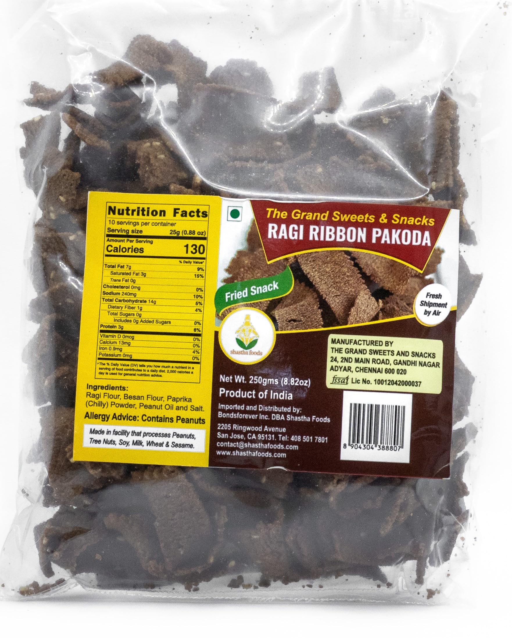 Grand Sweets and Snacks (GSS) Ragi Finger Millet Ribbon Pakoda - Crunchy Indian Snack (Pack of 2, 250g Each) | Perfect for Tea Time, Parties & Festive Gifting