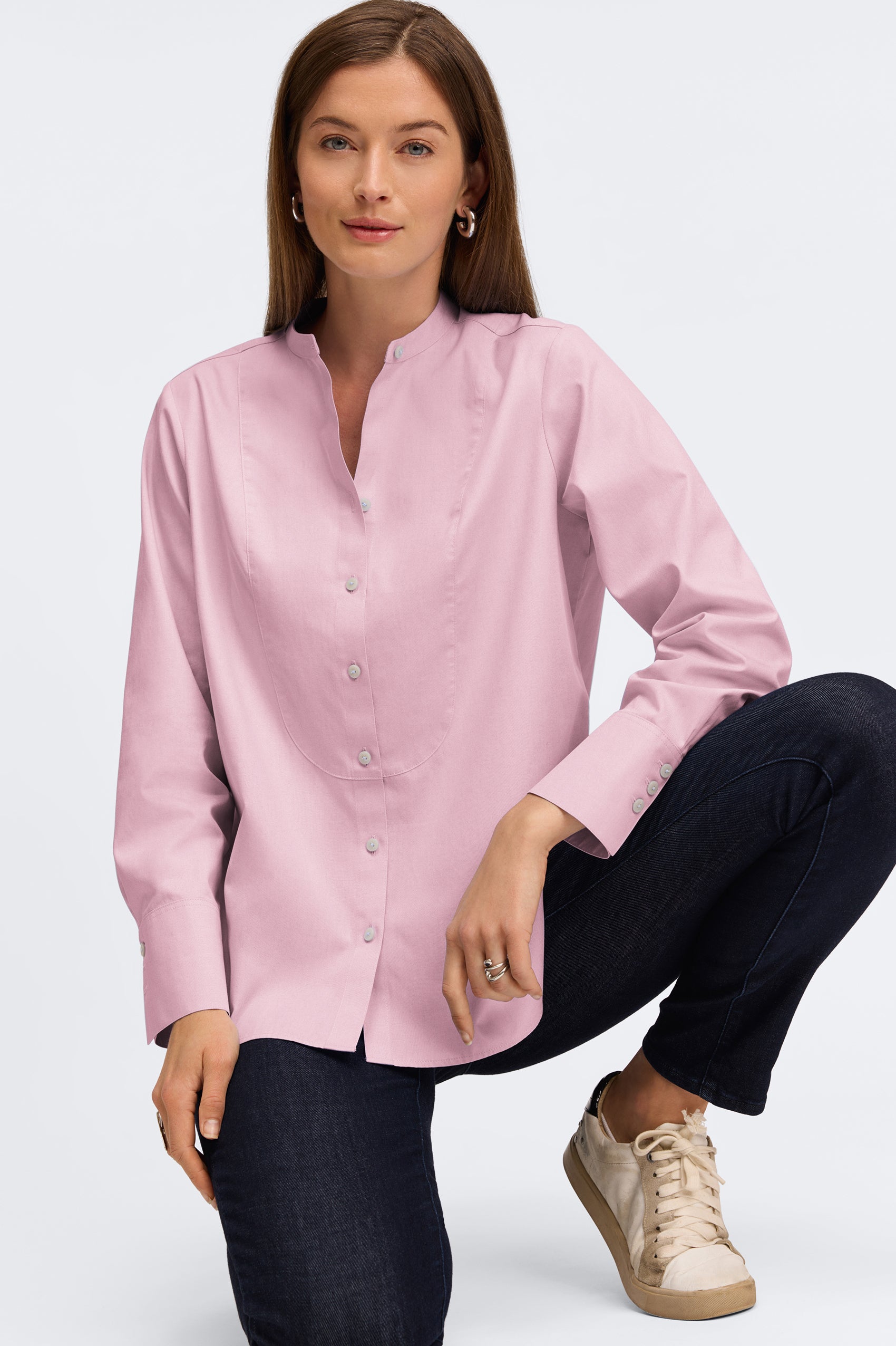 Premium No-Iron Pinpoint Tuxedo Bib Long Sleeve Tunic Shirt for Men - Formal Office Wear & Special Occasions