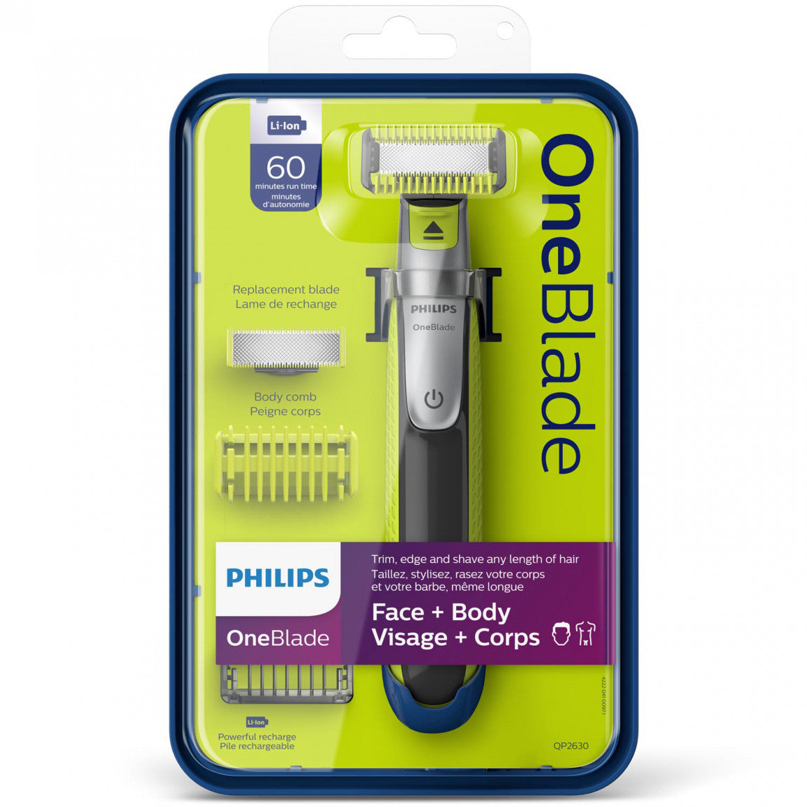PHILIPS One Blade Face + Body Shaver QP2630/21 - Rechargeable Electric Trimmer for Men's Grooming, Beard & Body Hair - Perfect for Travel, Gym & Daily Use