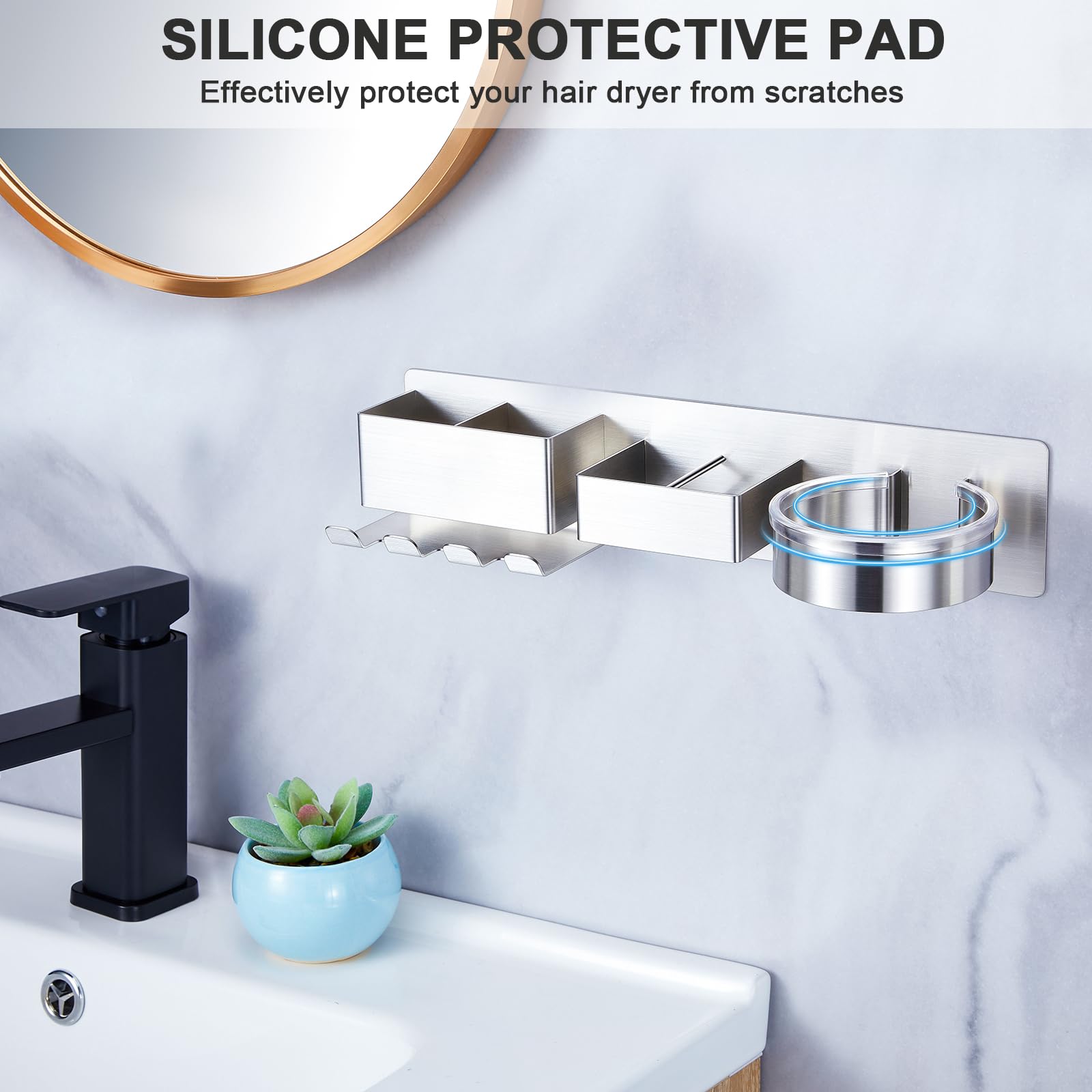 Wall Mounted Hair Straightener & Blow Dryer Holder - Stainless Steel Hair Tool Organizer with Adhesive & Plug Hook - Perfect for Bathroom, Salon & Home Hair Styling Storage