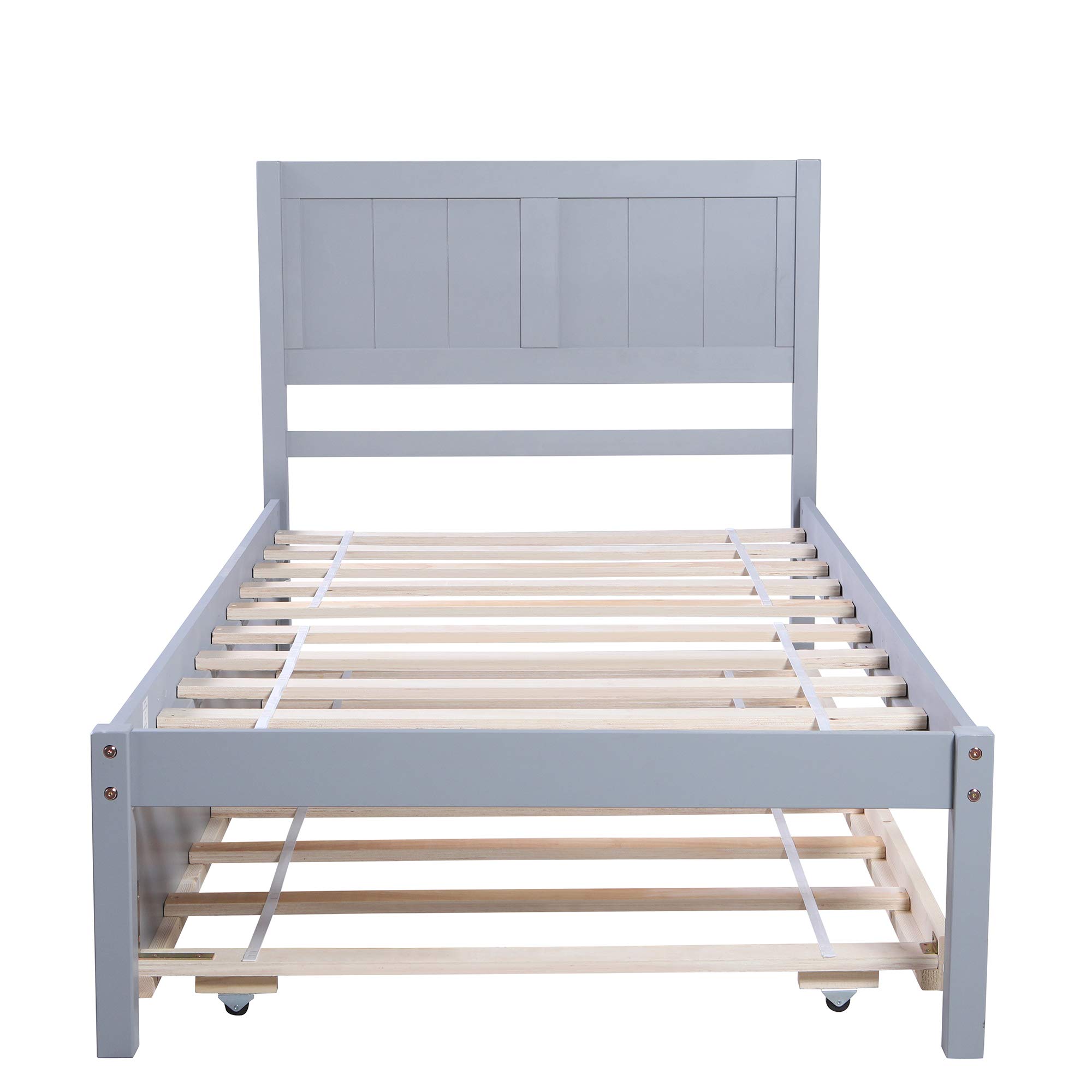 Twin Size Wooden Platform Bed Frame with Headboard & Trundle - No Box Spring Required, Easy Assembly (Grey) - Perfect for Kids' Rooms, Guest Bedrooms & Small Spaces