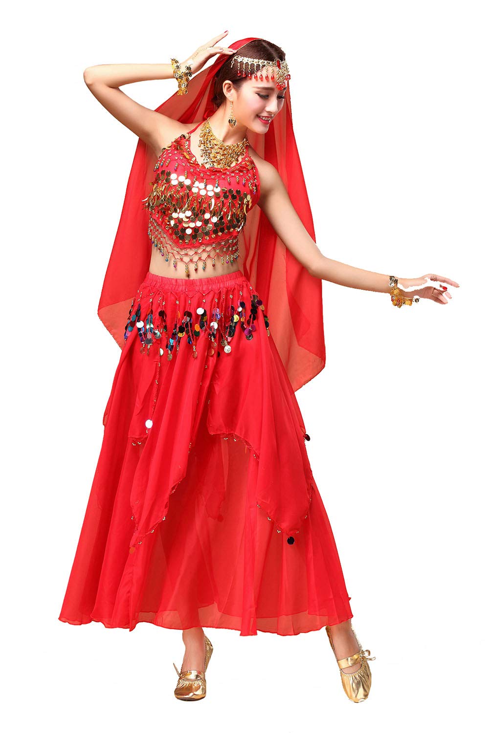 Women's Belly Dance Costume - Sequin Crop Top & Chiffon Skirt Set for Halloween, Party, and Performance | Elegant & Comfortable Outfit for Dance Shows, Cosplay, and Festive Events