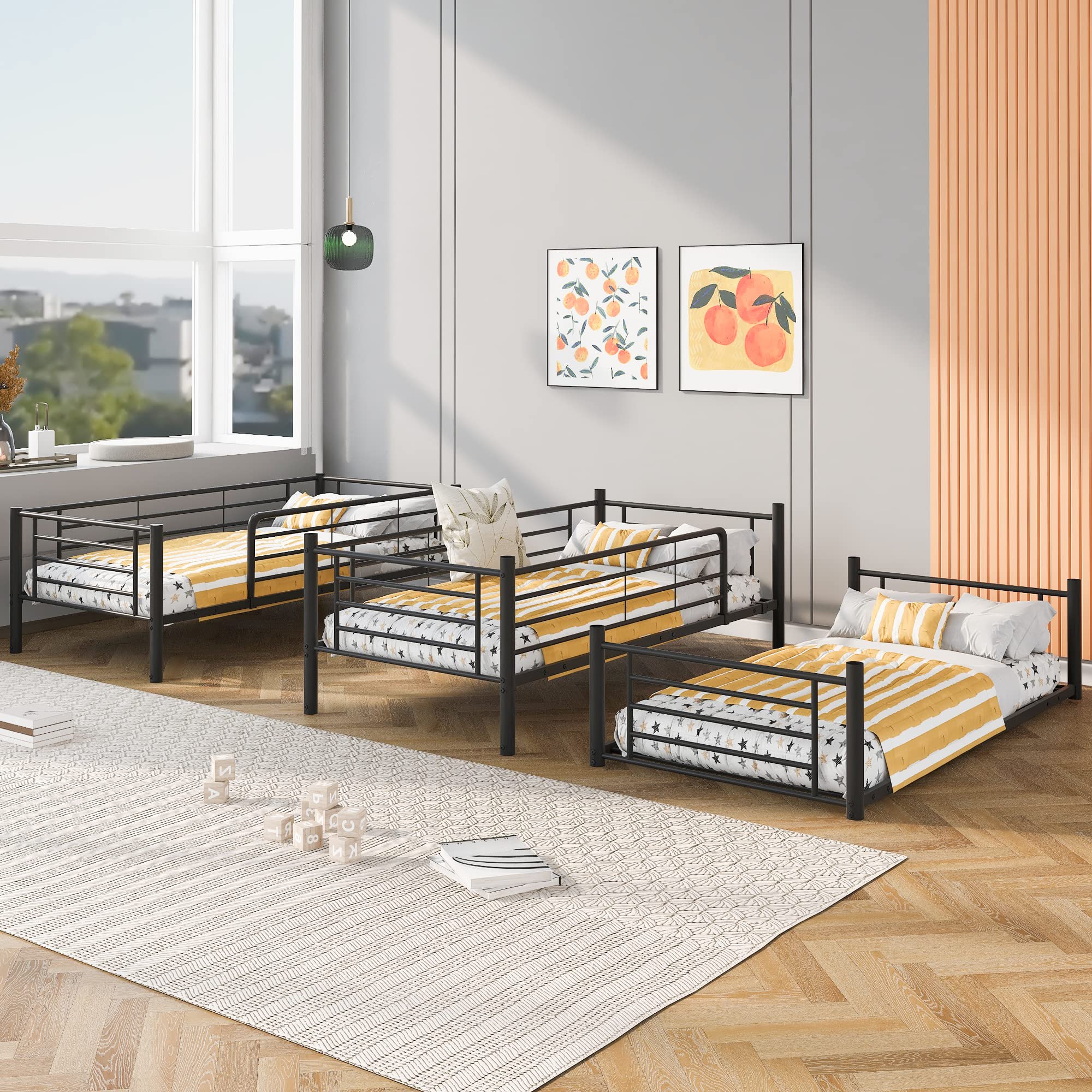 JULYFOX Black Metal Triple Bunk Bed Frame - Twin Over Twin Over Twin with Ladders, No Box Spring Needed, 3-in-1 Space Saving Platform Bed for Kids | Perfect for Small Bedrooms, Dormitories & Vacation Homes