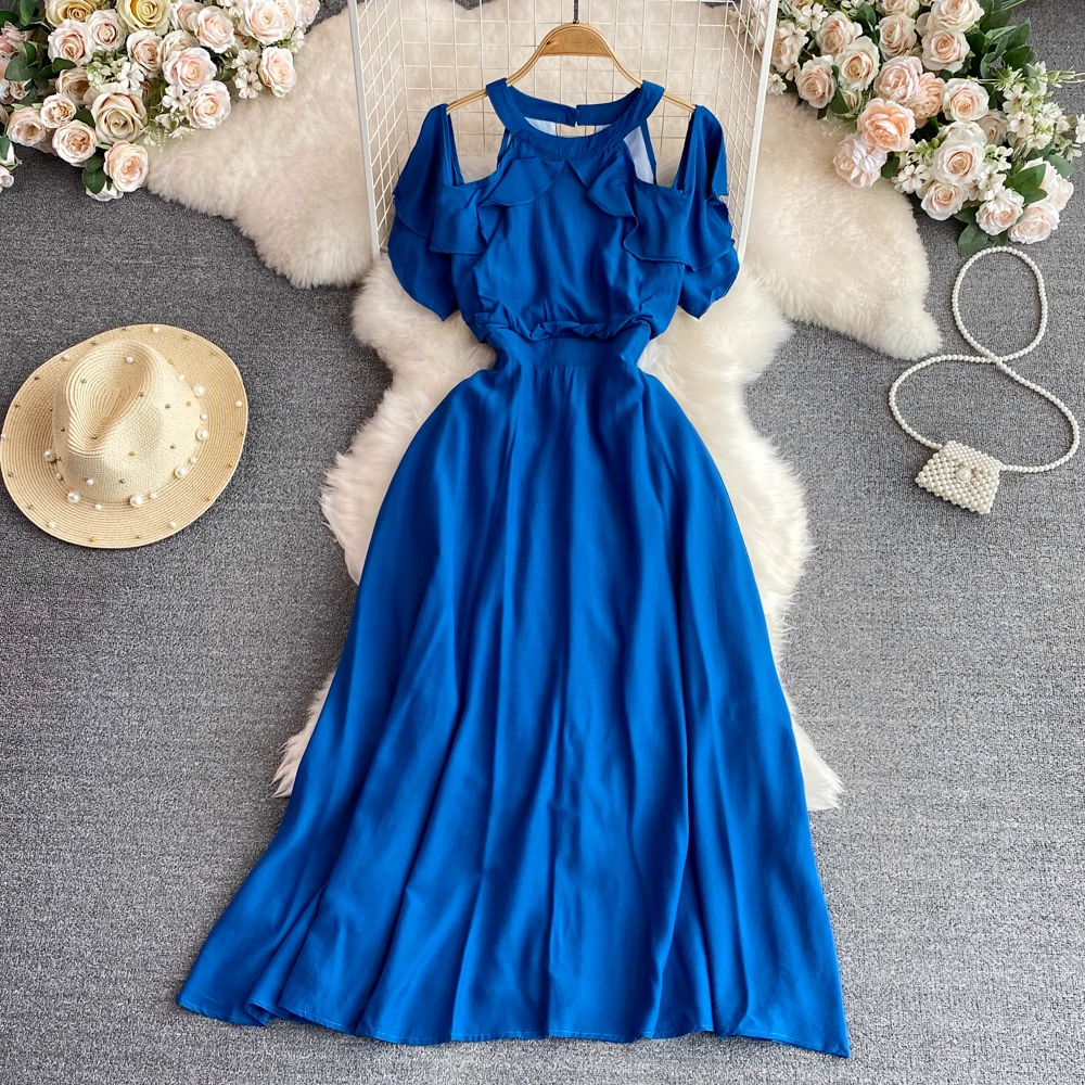 Elegant Round Neck Halter Neck Ruffled A-Line Dress for Women - Summer Party, Wedding Guest, Cocktail, Formal Occasions