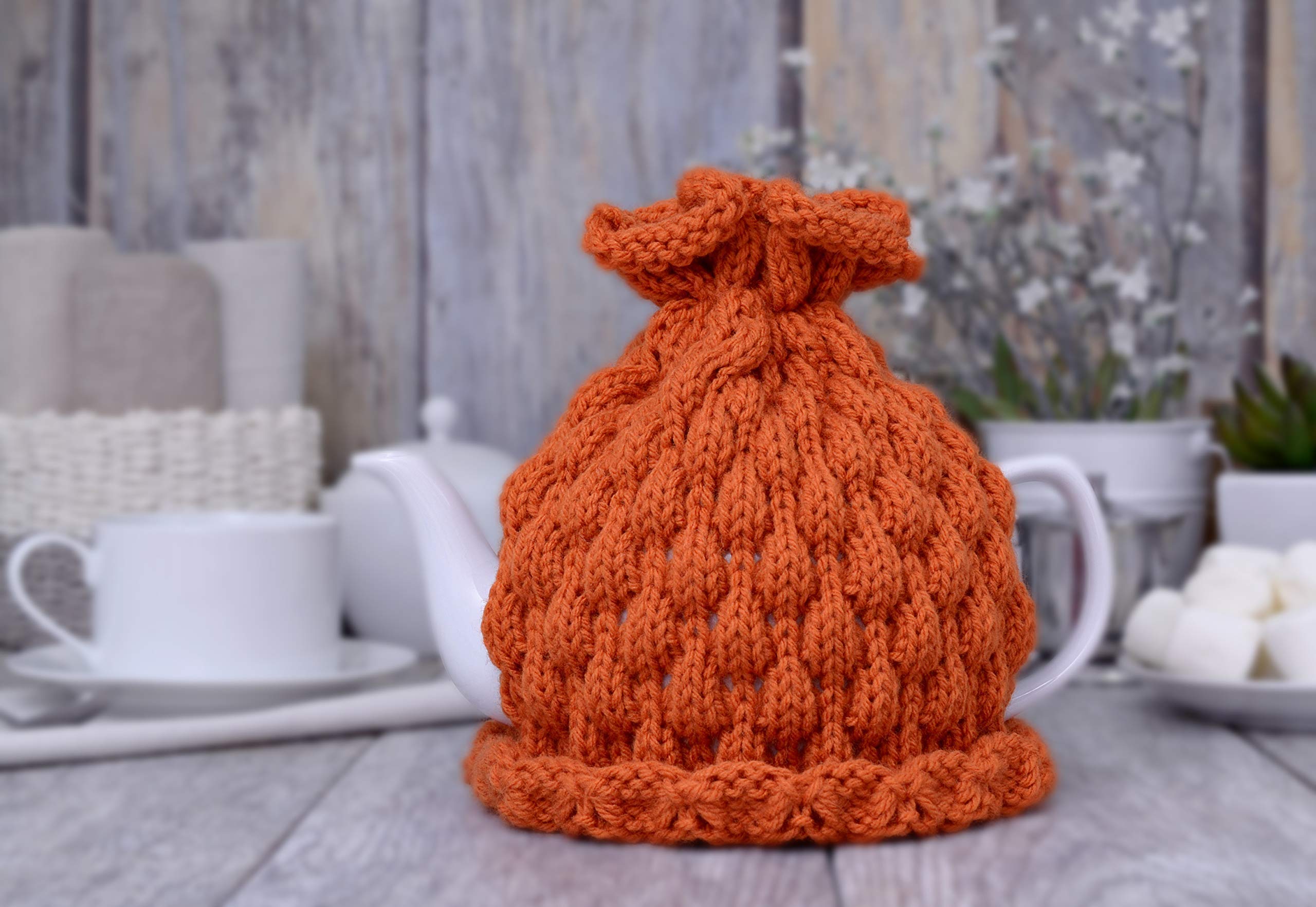 Cozy Knitted Teapot Cover - Burnt Orange Fall Decor for Kitchen & Table | Thanksgiving Housewarming Gift, Tea Lover Accessories, Halloween Pumpkin Themed Centerpiece | Perfect for Autumn Tea Parties & Seasonal Home Decor