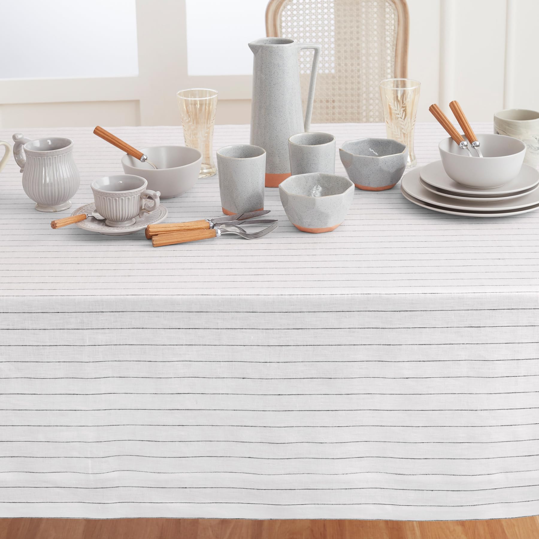 Premium 100% Pure Linen Tablecloth 60x120 Inches - White & Black Pinstripe Design - Handcrafted Washable Dining Table Cover for Spring, Easter, Weddings & Formal Events
