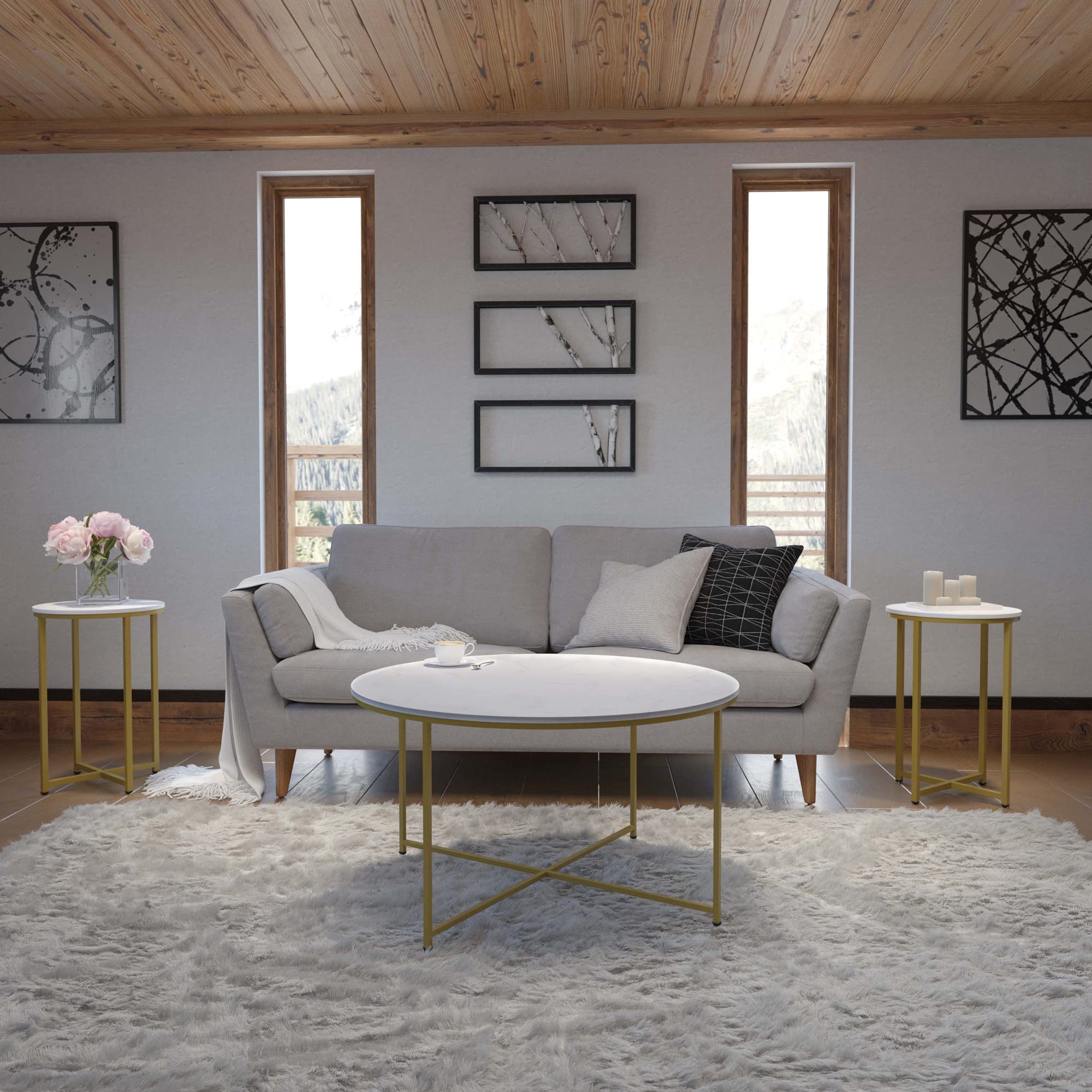 Flash Furniture Hampstead Collection 3-Piece Coffee & End Table Set - White Marbled Laminate Top with Matte Gold Crisscross Frame - Modern Living Room & Office Decor - Perfect for Coffee, Books & Display