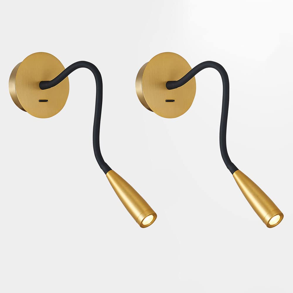 2 Pack Flexible LED Gooseneck Bedside Reading Lamps - Gold Metal Wall Mounted Sconce with Switch for Bedroom, Living Room & Headboard Lighting | Perfect for Night Reading, Study & Relaxation