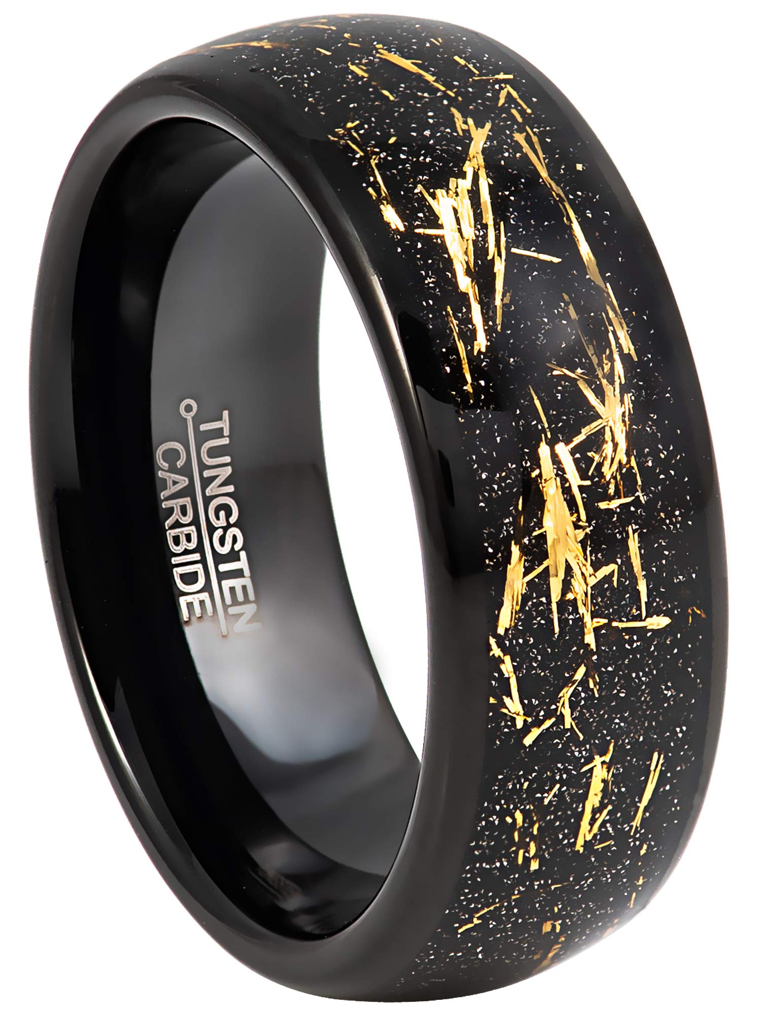 8mm Black Tungsten Wedding Band for Men with Yellow Meteorite Inlay - Comfort Fit Dome Engagement Ring - Perfect for Weddings, Anniversaries & Special Occasions