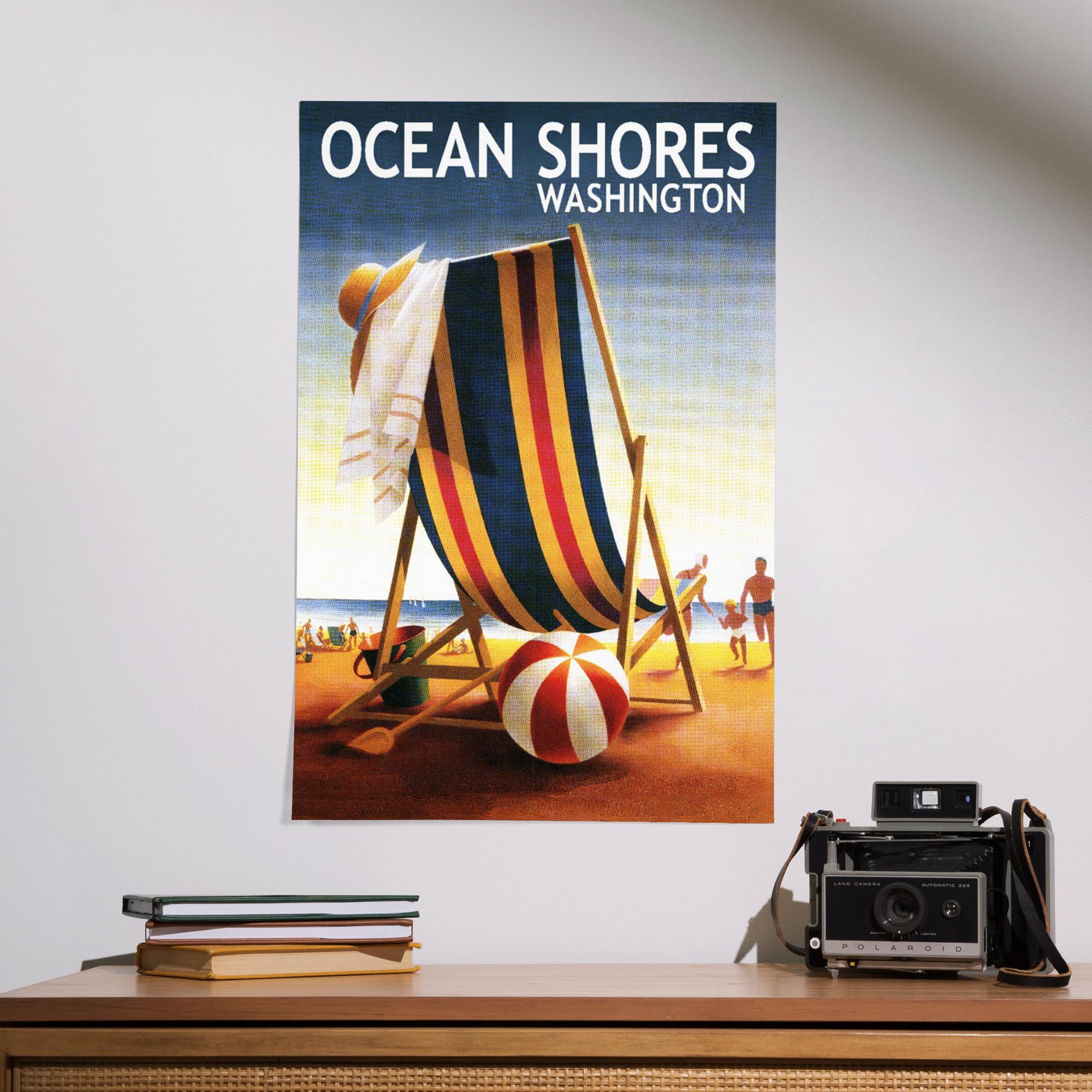 Lantern Press 16x24 Inch Giclee Print - Ocean Shores Washington Beach Scene with Chair & Ball | Coastal Wall Art for Living Room, Bedroom or Office Decor