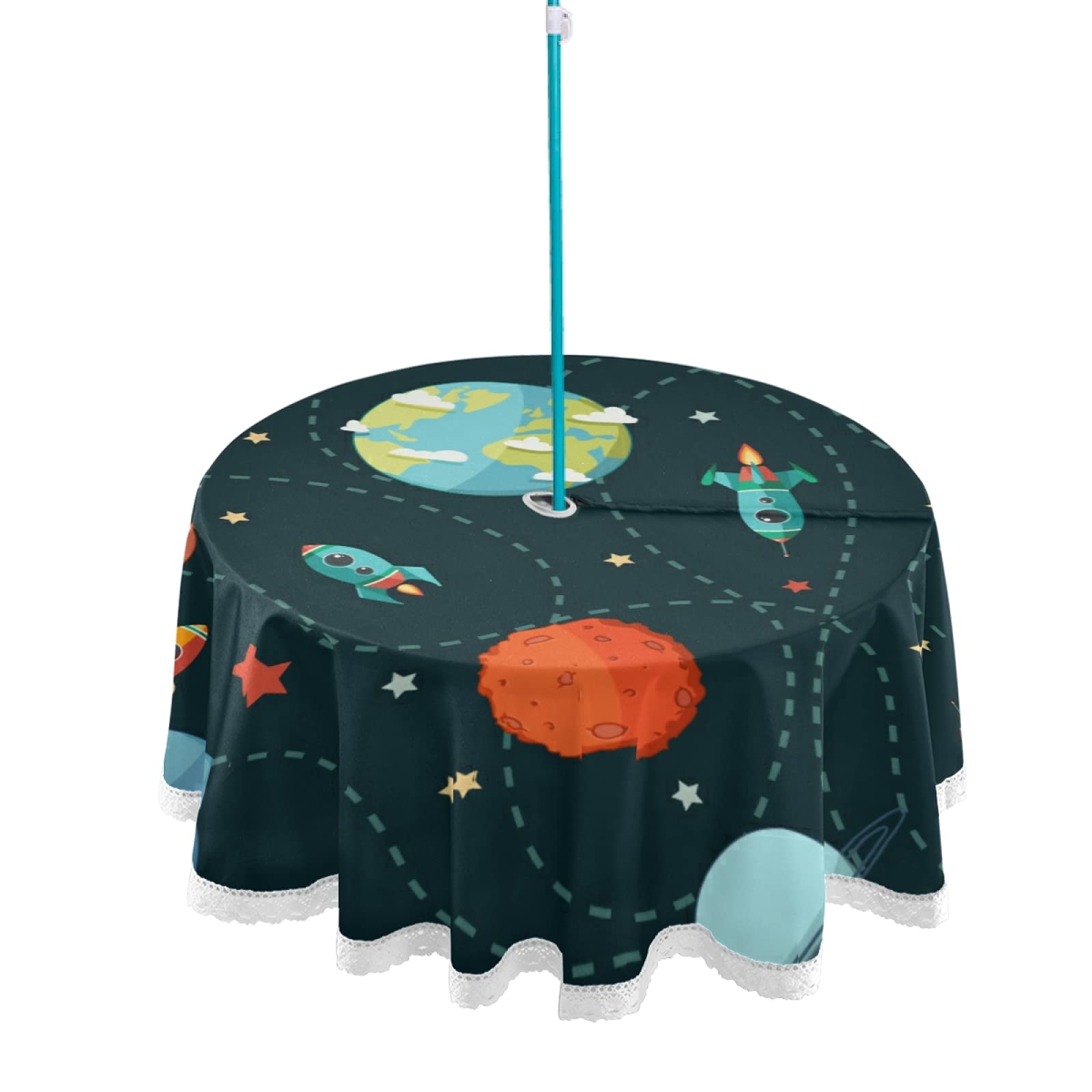 Planets Rockets Stars Outdoor Patio Tablecloth - 60 Inch Round Waterproof Table Cover with Zippered Umbrella Hole for Backyard Parties, Family Gatherings & BBQs - Fits 2-4 People (Perfect for Picnics, Garden Dining & Outdoor Celebrations)