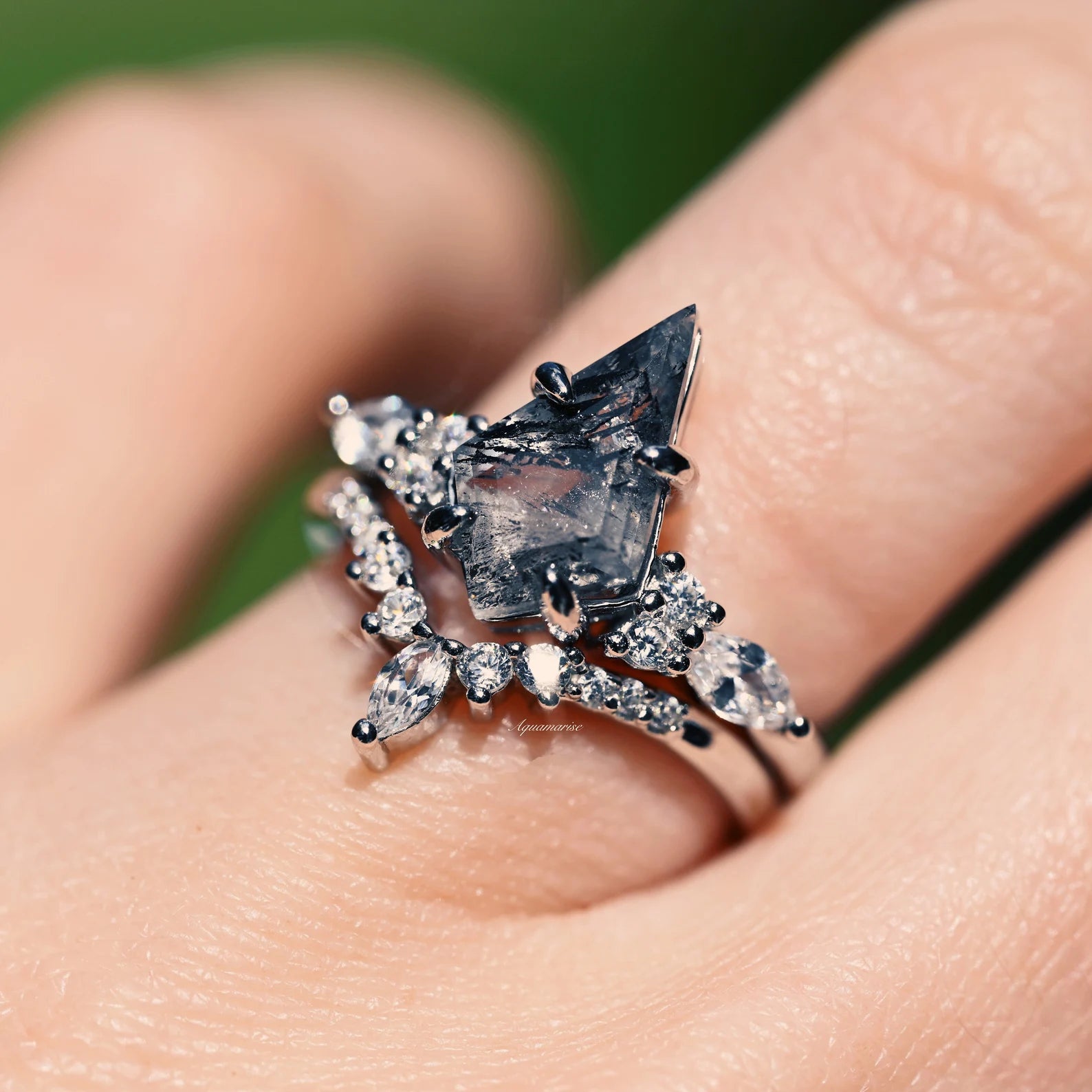 Skye Kite™ 14K White Gold Salt & Pepper Diamond Engagement Ring Set - Herkimer Diamond Wedding Band for Women, Perfect for Proposals & Anniversary Gifts