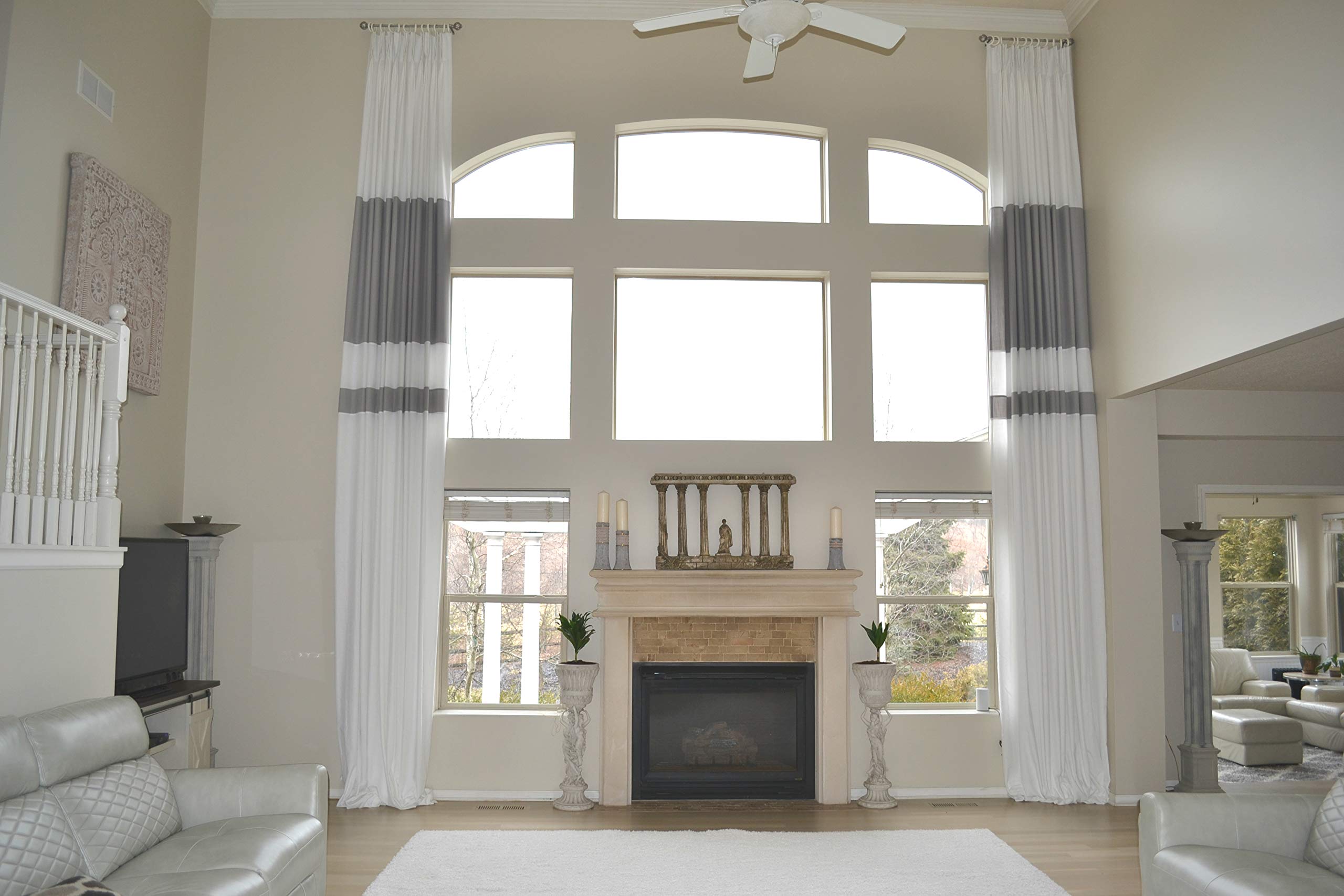 Custom Extra Long Cotton Pinch Pleat Curtains 15-20 Feet - Gray & White Striped Drapes for 2 Story Great Rooms | Free Swatch Included | Perfect for Living Room, Bedroom & Tall Windows (240 Inch Length)