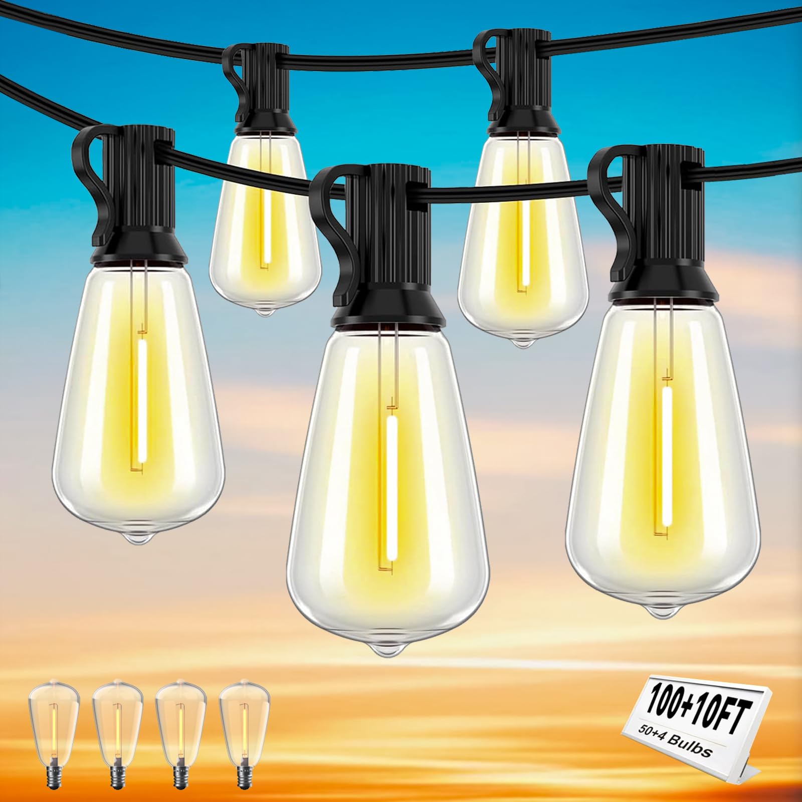 100+10FT LED Outdoor String Lights with 50+4 Shatterproof ST38 Edison Bulbs - Dimmable Warm White Waterproof Connectable Hanging Lights for Backyard, Porch, Garden & Patio Decor | Perfect for Weddings, Parties, and Outdoor Dining