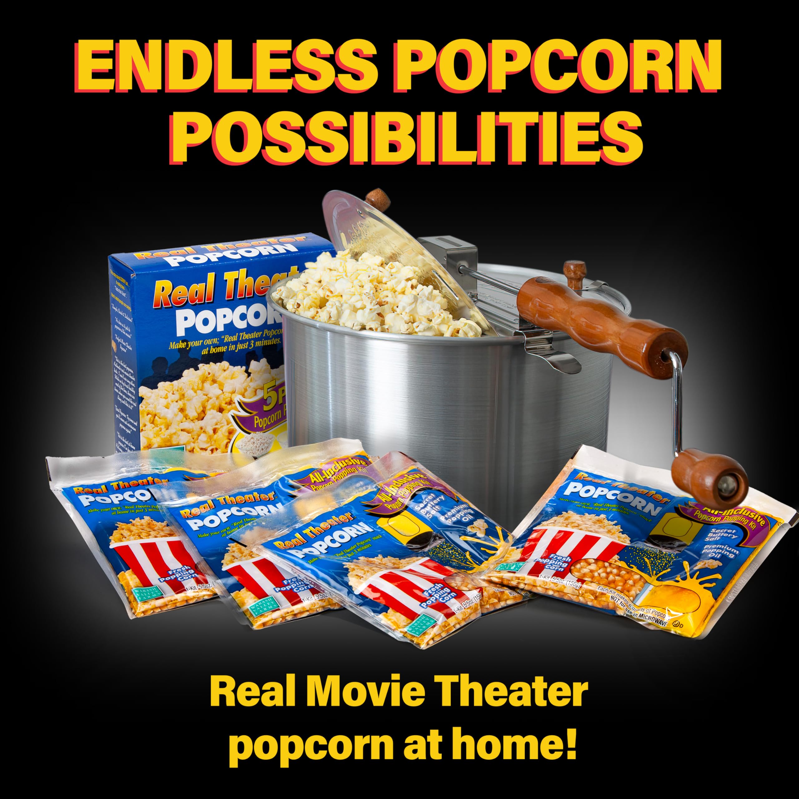 Original Whirley Pop Popcorn Maker - 6 Quart Stovetop Popcorn Popper with 5 Popping Kits, Aluminum Popcorn Pot with Metal Gears - Perfect for Movie Nights, Camping & Family Gatherings - Wabash Valley Farms Stove Top Popcorn Pan (Silver)