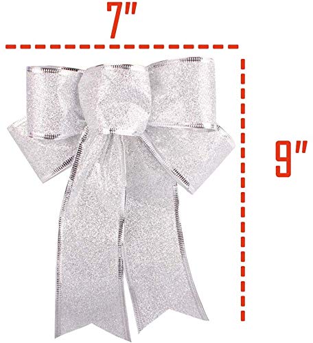 6-Pack Silver Glitter Christmas Ribbon Bows - Elegant Gift Wrapping, Wreath & Wedding Party Decorations - Hanging Ornaments for Holiday, Xmas Tree & Home Decor