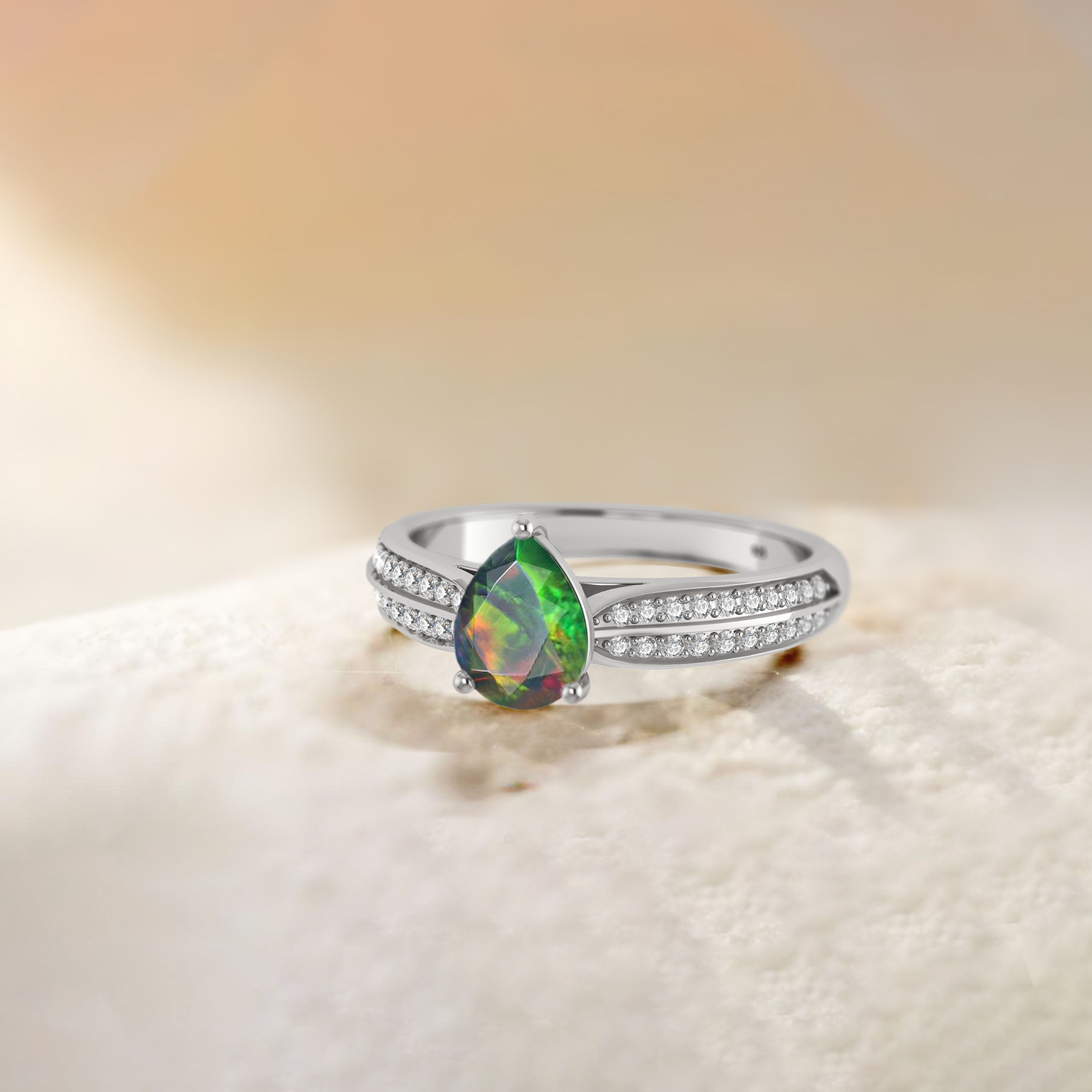 Natural Black Opal & White Zircon Solitaire Accent Ring | Elegant Jewelry for Weddings, Anniversaries & Special Occasions