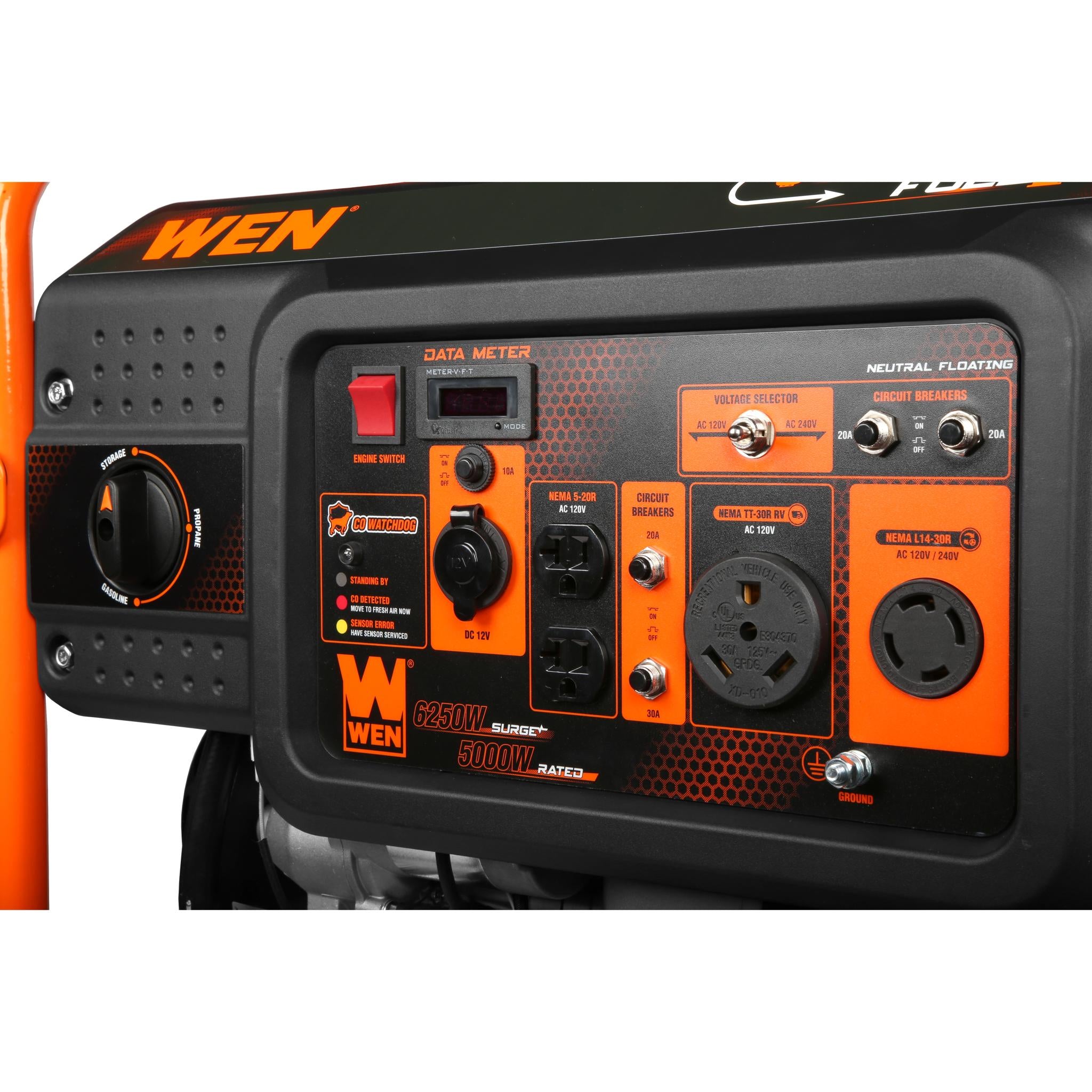 WEN DF623X 6250-Watt Dual Fuel Portable Generator with Electric Start - 120V/240V Output, Wheel Kit & CO Sensor - Perfect for Home Backup Power, Camping & Job Sites