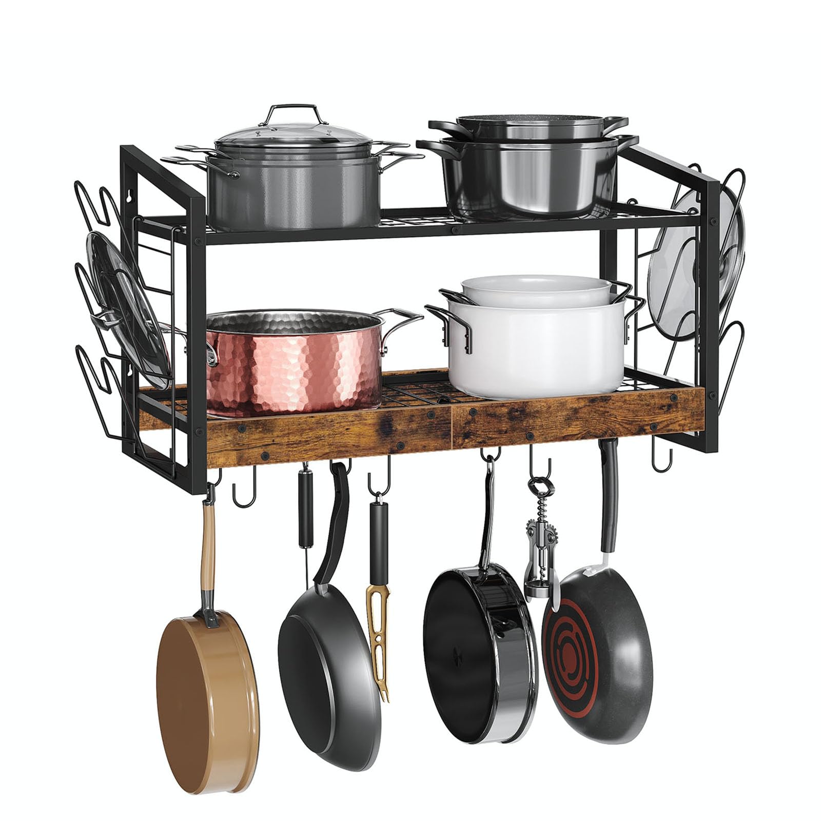 2-Tier Wall Mounted Hanging Pot Rack with 12 Hooks - Rustic Brown Kitchen Organizer for Pots, Pans & Utensils | Space-Saving Storage Solution for Small Kitchens & Apartment Cooking Areas