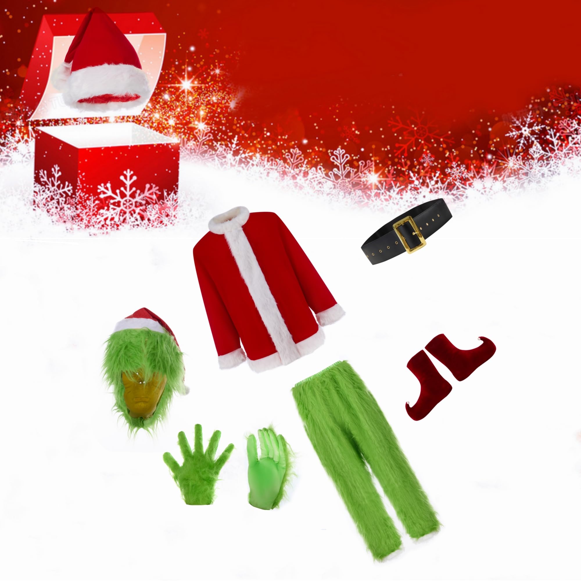 7PCS Christmas Green Monster Costume for Adults - Santa Suit Set with Mask | Festive Holiday Party Outfit for Cosplay, Christmas Events & Themed Gatherings