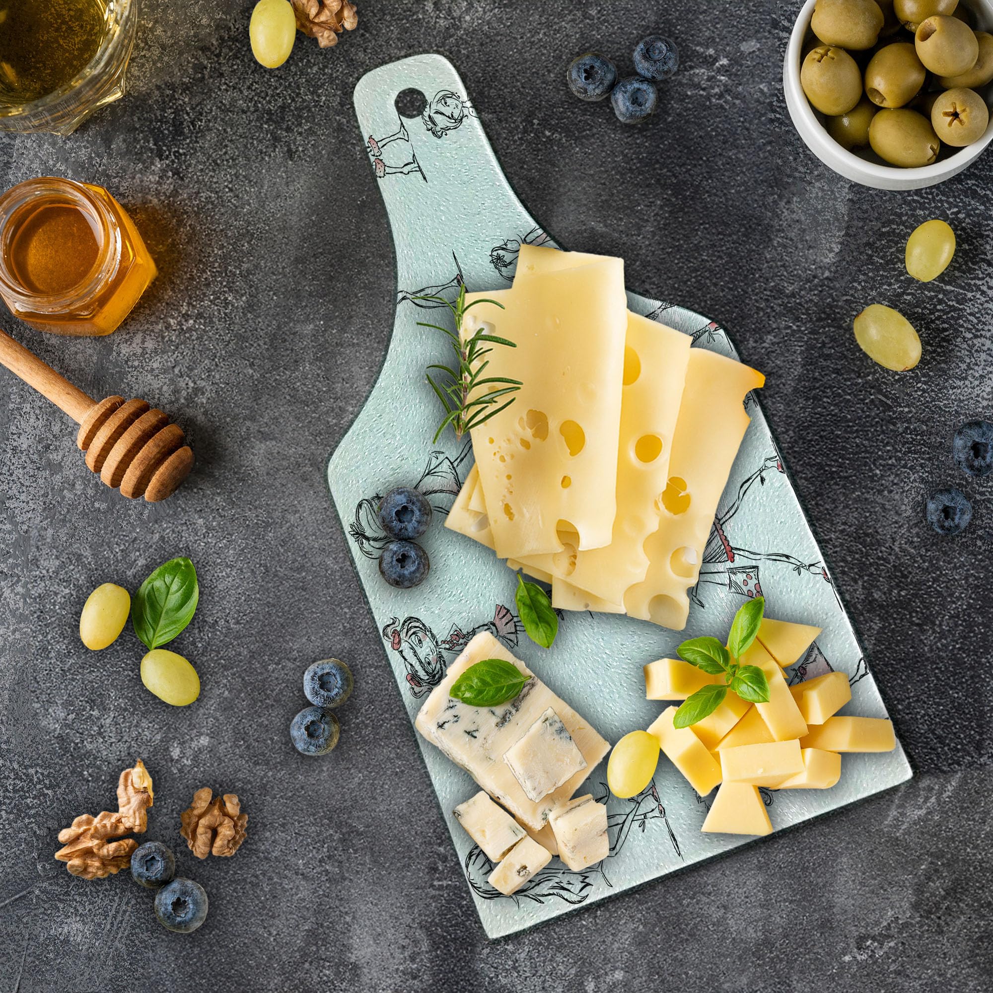 Ambesonne Fashion Cutting Board - Cartoon Girls with High Heel Shoes Glamour Design, Tempered Glass Serving Board for Kitchen & Dining, Wine Bottle Shape in White & Pink | Perfect for Cheese Platters, Charcuterie, and Party Entertaining