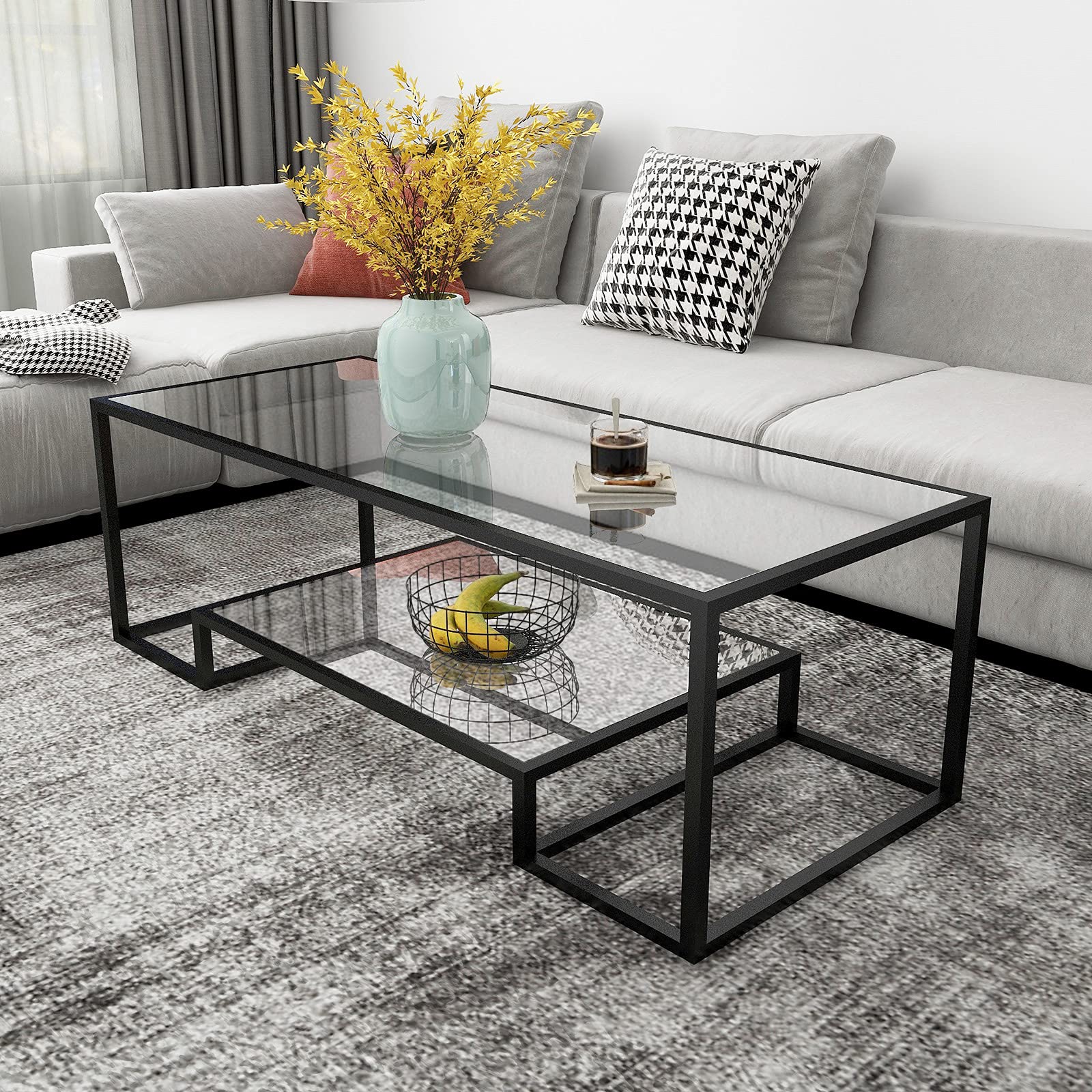 Modern Black Metal & Tempered Glass Coffee Table with Storage Shelf - Stylish Accent Side Table for Living Room, Office & Home Decor - Perfect for Small Spaces, Lounges & Contemporary Interiors