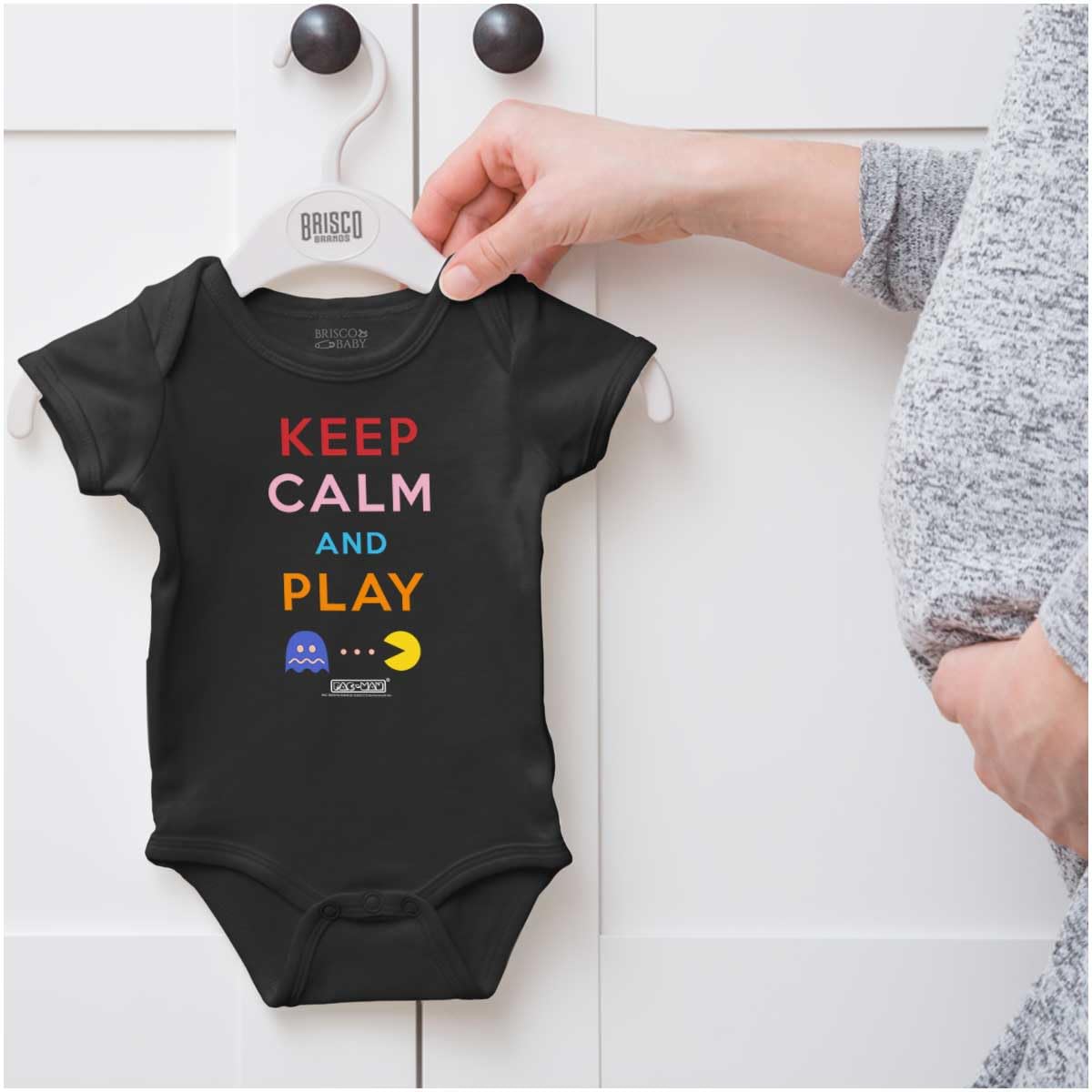 Brisco Brands Keep Calm and Play PACMAN Baby Romper - Unisex Cute Video Game Onesie for Boys & Girls - Perfect for Playtime, Birthday Gifts & Retro Gaming Fans