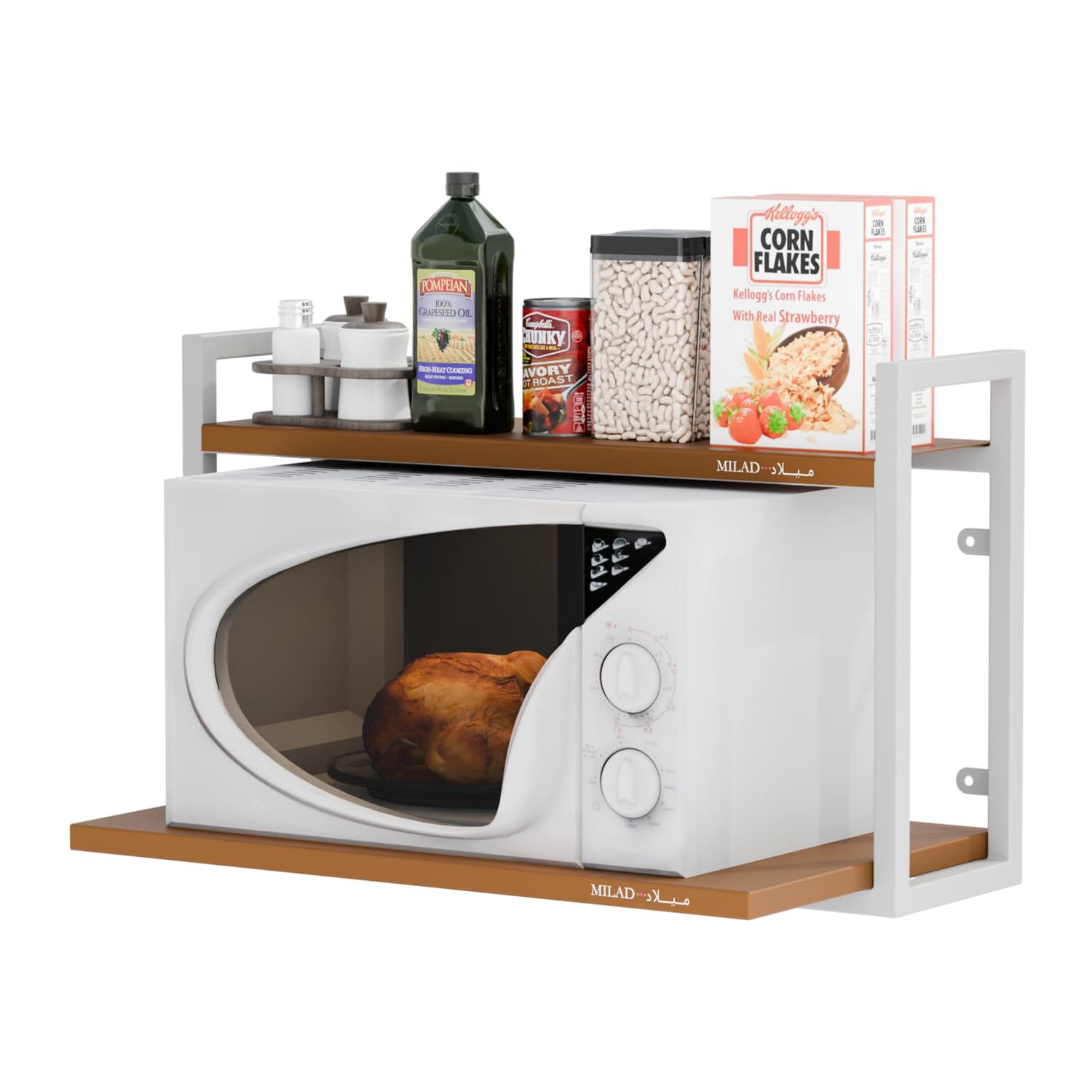 Stainless Steel Wall Mount Microwave Stand & OTG Shelf - Golden & White Kitchen Storage Rack with Spice Organizer (OS-12) - Space Saving Solution for Small Kitchens & Apartments