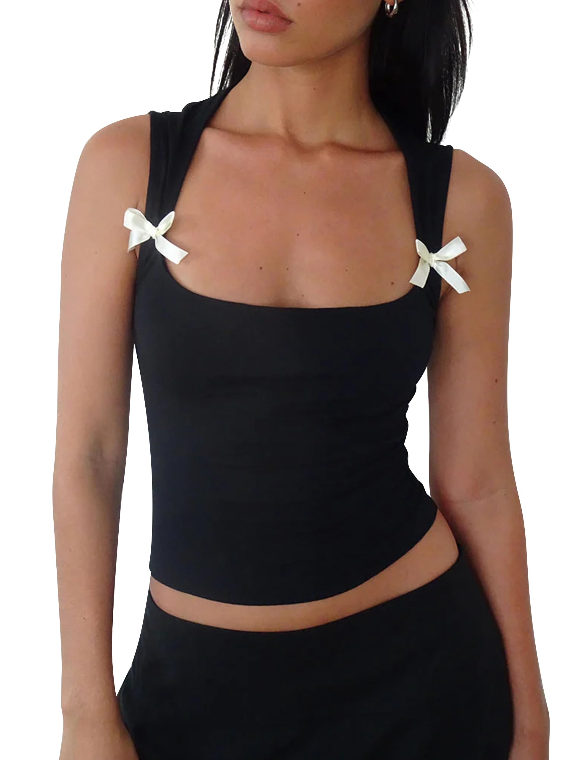 Y2K Women's Bow Tank Top - Sleeveless Scoop Neck Crop Cami Shirt | Aesthetic Preppy Summer Outfit for Going Out, Beach, Parties & Casual Wear