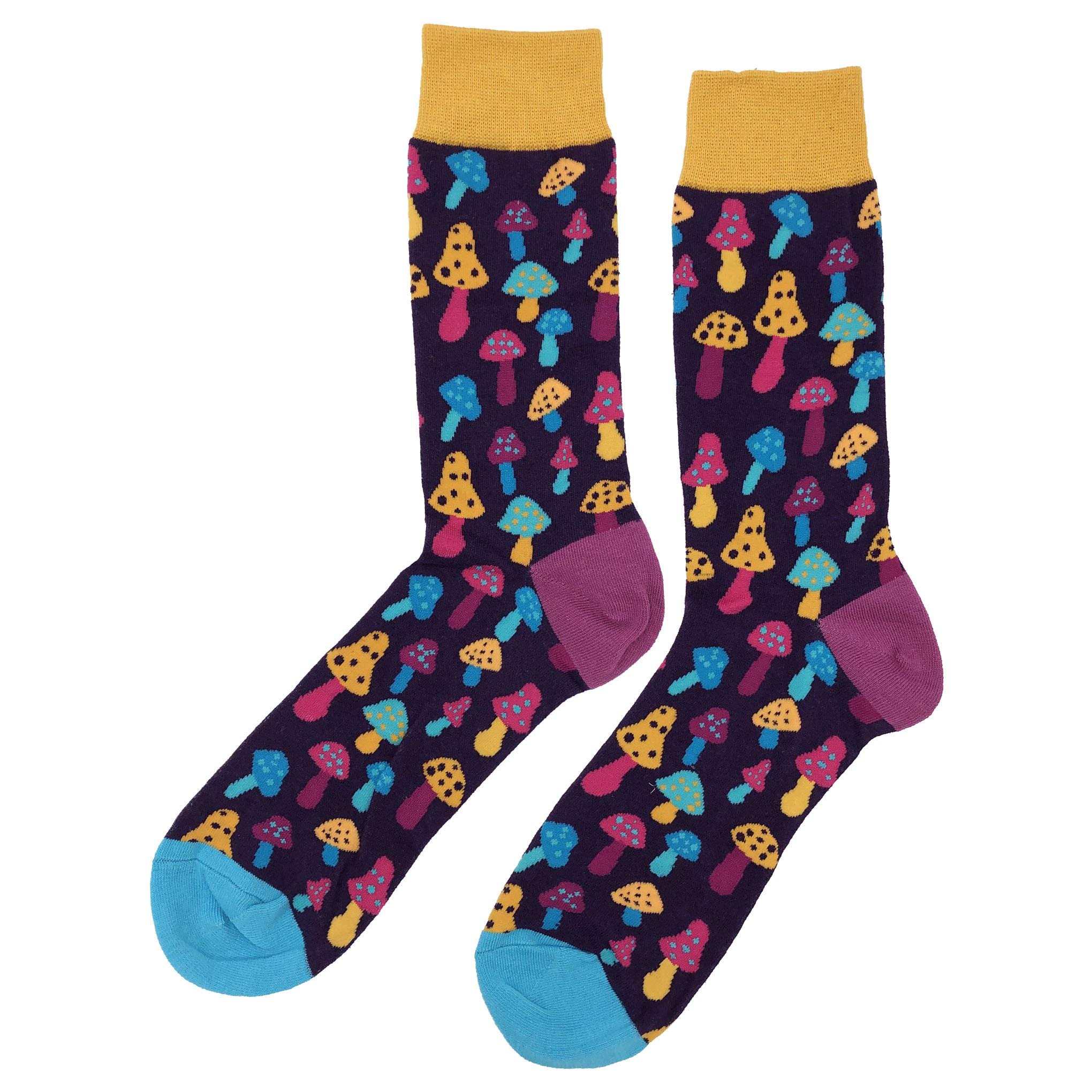 Funny Mushroom Print Men's Dress Socks - Colorful Cotton Crew Socks for Size 8-12 - Novelty Crazy Fun Design Socks for Casual Wear, Gifts & Costume Parties - Perfect for Office, Halloween & Funny Outfits