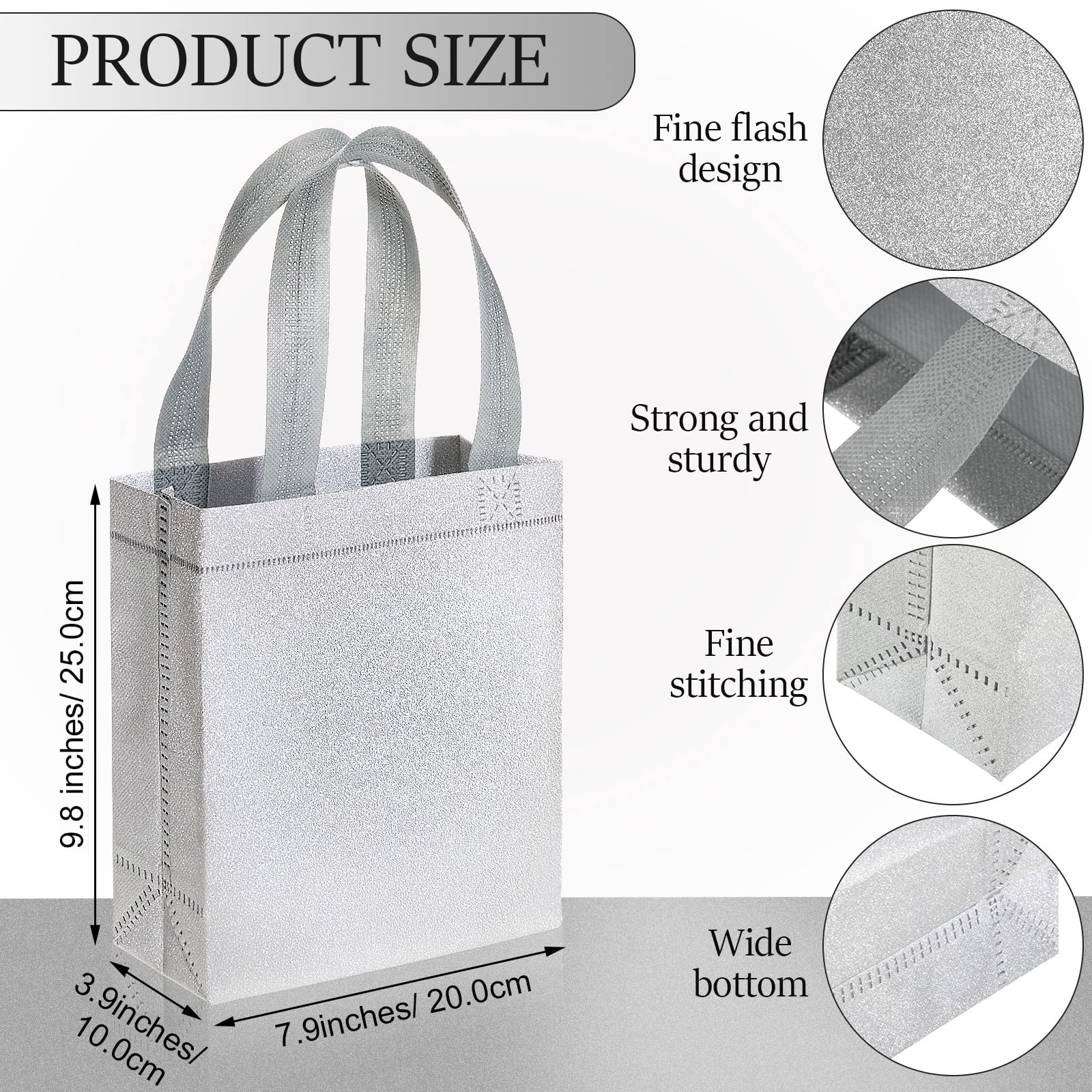 Woanger 48 Pack Silver Glitter Wedding Favor Bags with Handles - 7.9x3.9x9.8 Inch Reusable Non-Woven Tote Gift Bags for Bridal Shower, Birthday Party, Baby Shower & Holiday Events - Bulk Goodie Bags for Wedding Favors & Party Decorations