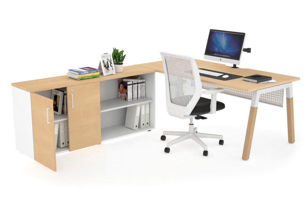 Premium Quadro A-Legs Executive Desk - Solid Wood Legs with White Cross Beam [1600L x 800W] - Modern Office Furniture for Home & Workspace - Includes Cable Management Scallop for Neat Setup
