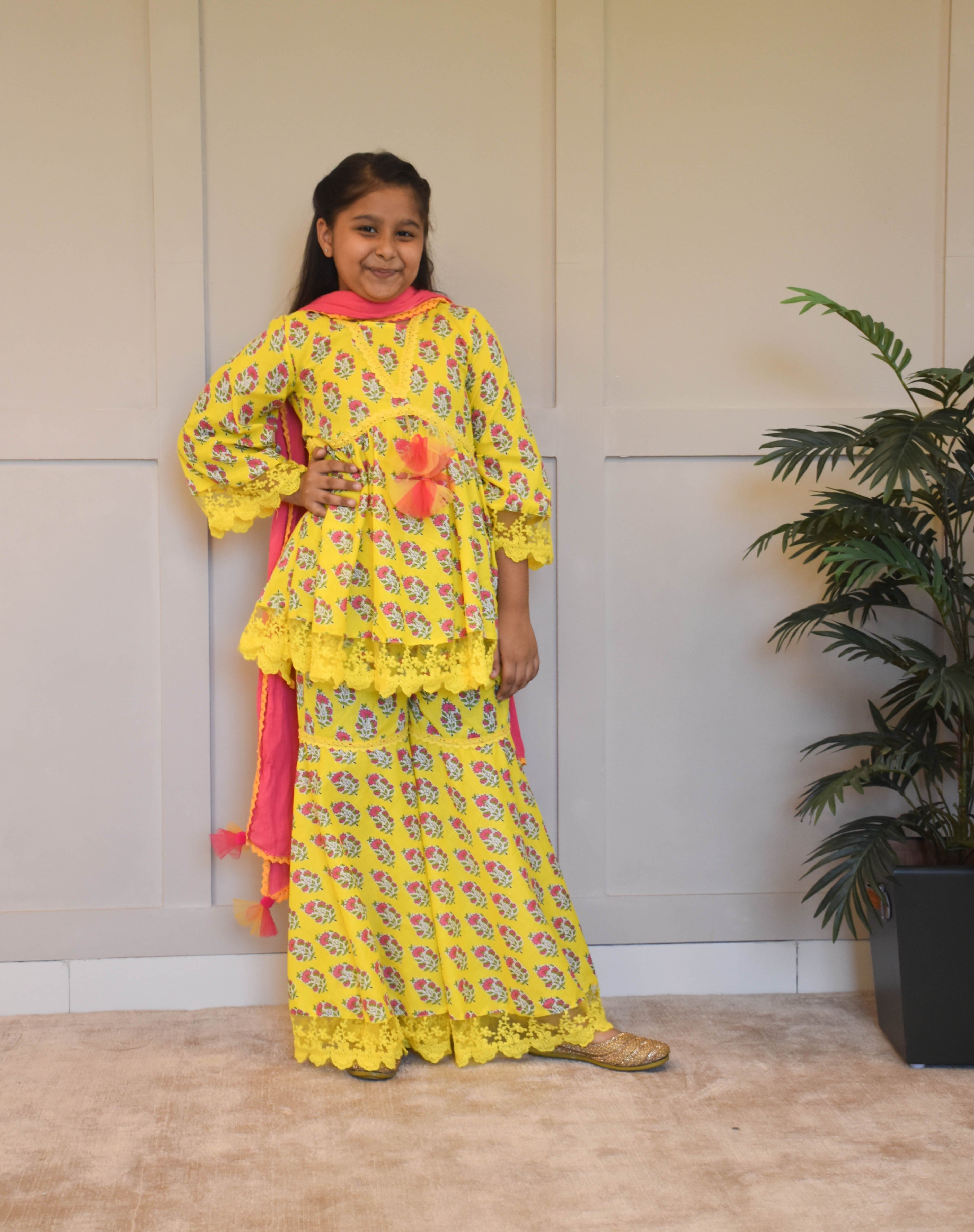 Pre Order: Stylish Yellow Printed Kurti Sharara Set for Women - Perfect for Festivals, Weddings & Casual Wear