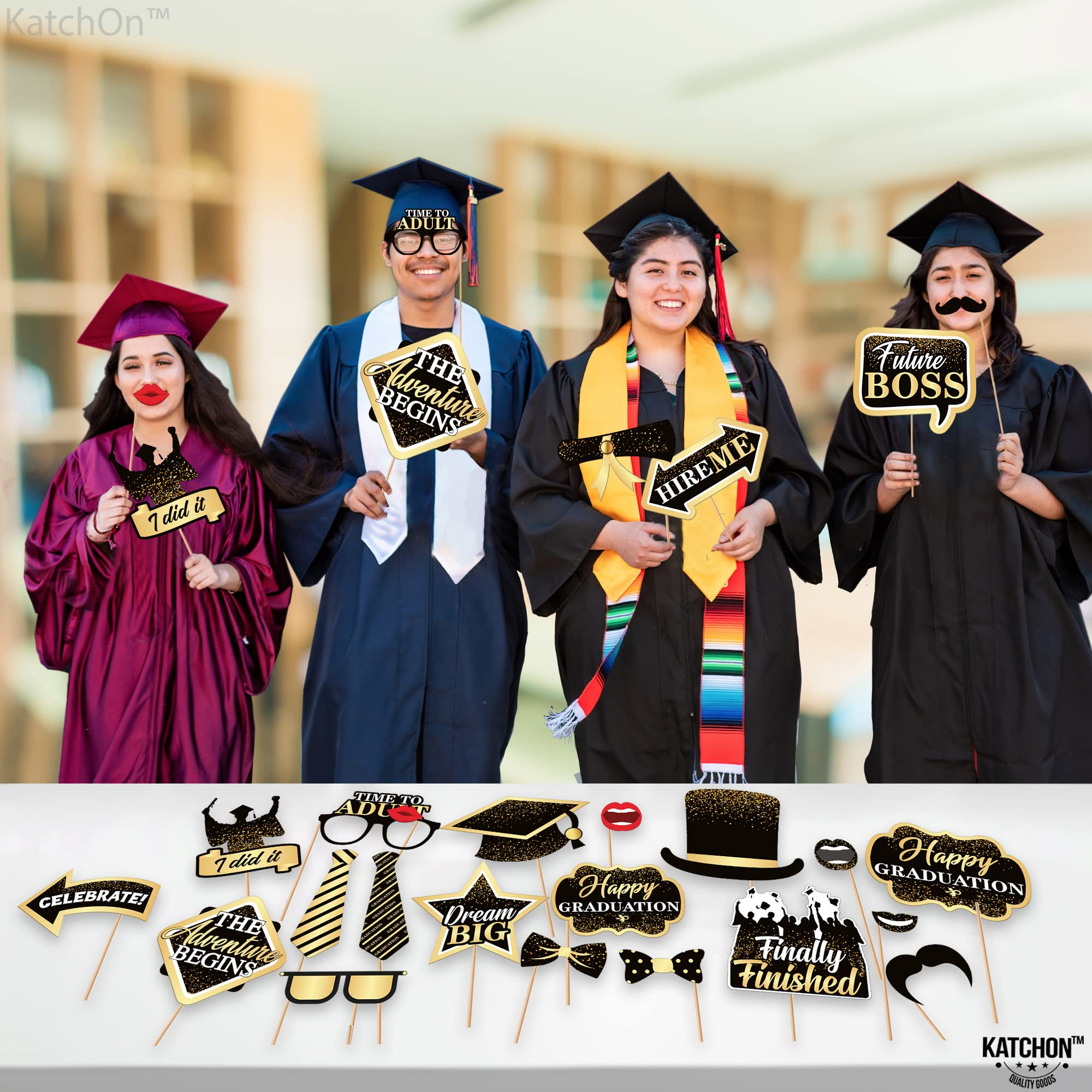 KatchOn 33-Piece Black & Gold Graduation Photo Booth Props Kit - Class of 2025 Decorations for Grad Parties, Commencement Celebrations & Senior Year Memories