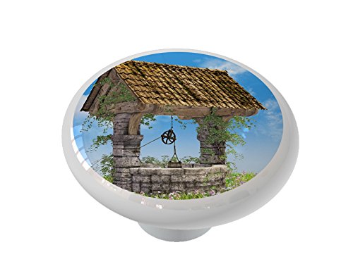 Rustic Country Wishing Well Ceramic Drawer Knob - Vintage Farmhouse Cabinet Hardware for Kitchen, Bathroom & Furniture (Set of 4)