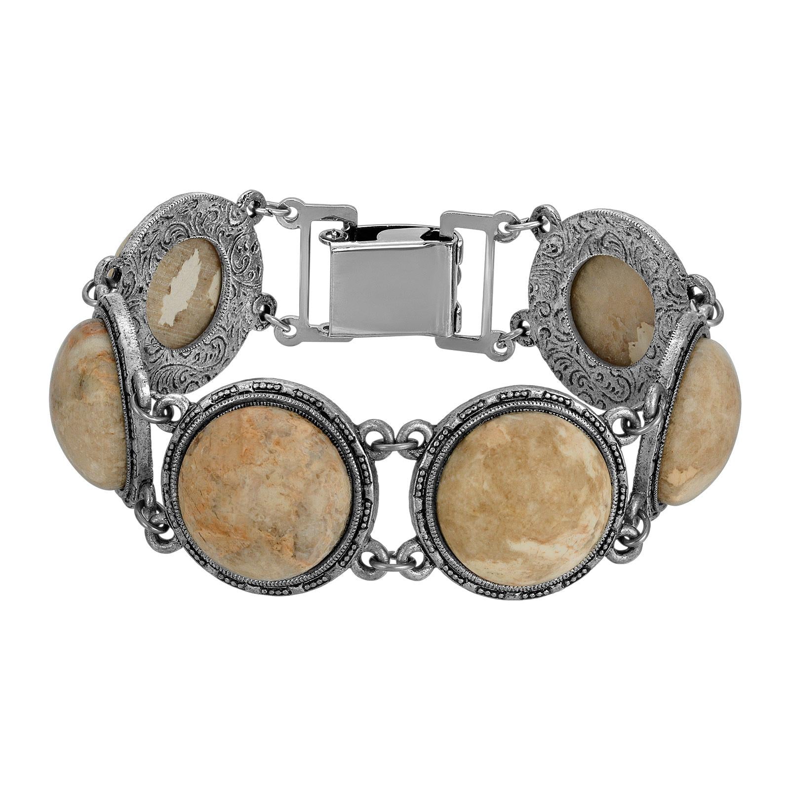 1928 Jewelry Riverstone Semi-Precious Stone Link Bracelet for Women - Elegant Boho Beaded Stretch Bracelet for Casual Wear, Gift Giving & Special Occasions