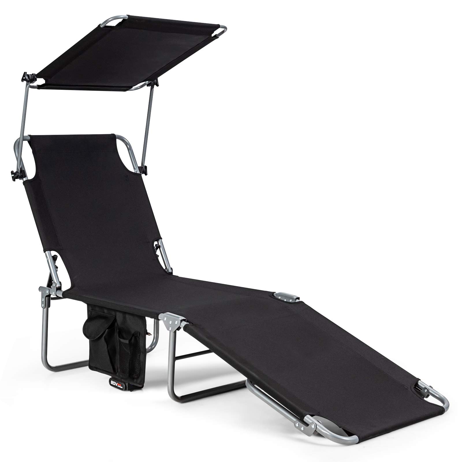 Giantex Adjustable Tanning Chair with Canopy & Storage - 5-Position Patio Chaise Lounge, Foldable Beach Chair for Poolside, Lawn, Camping - Outdoor Sunbathing Recliner (Black) - Perfect for Backyard Relaxation, Beach Vacations & Outdoor Lounging