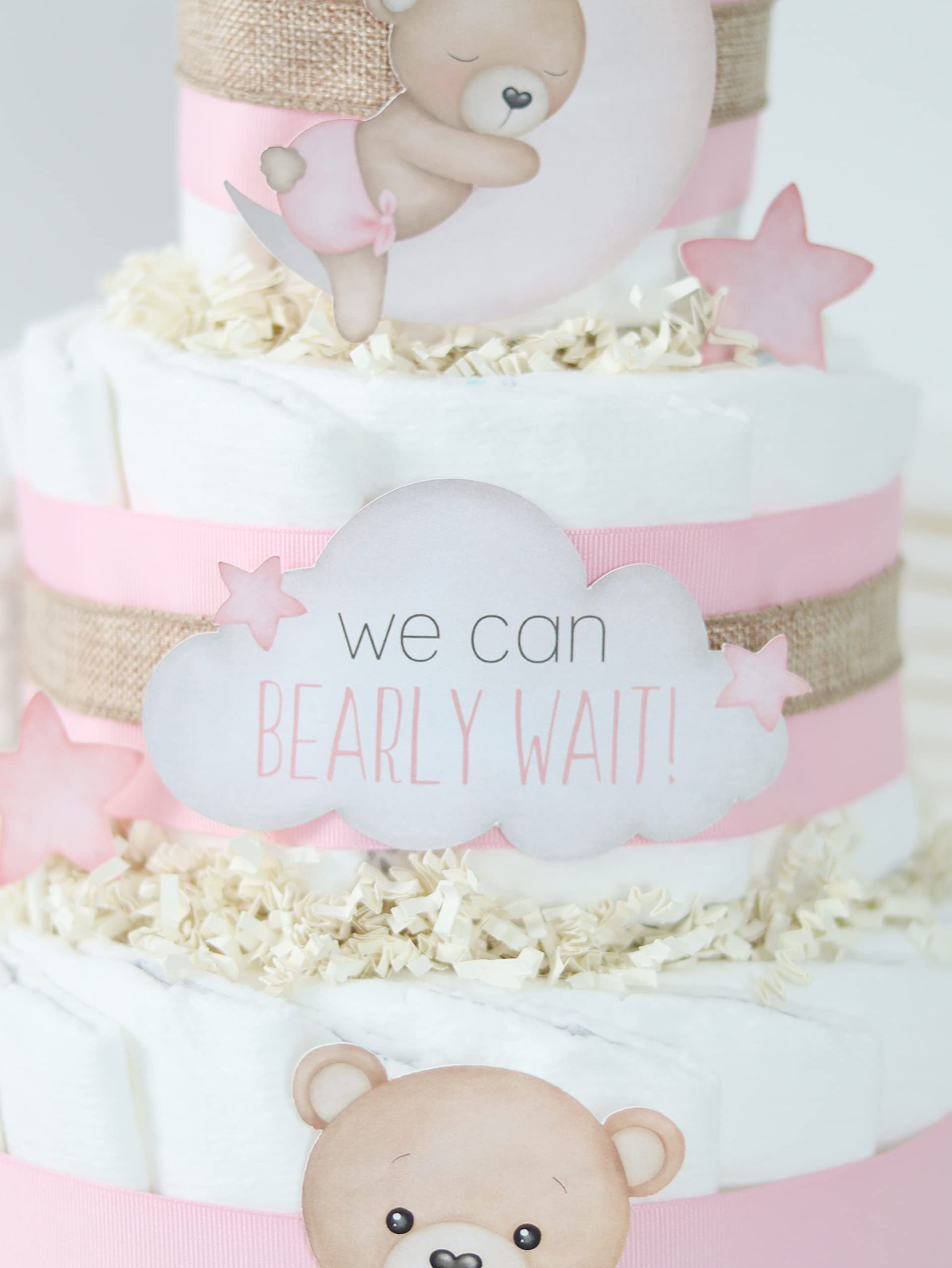 Pink Teddy Bear Diaper Cake - Adorable Baby Shower Centerpiece for Newborn Girls - Perfect Moon & Stars Themed Gift for Gender Reveal & Nursery Decor