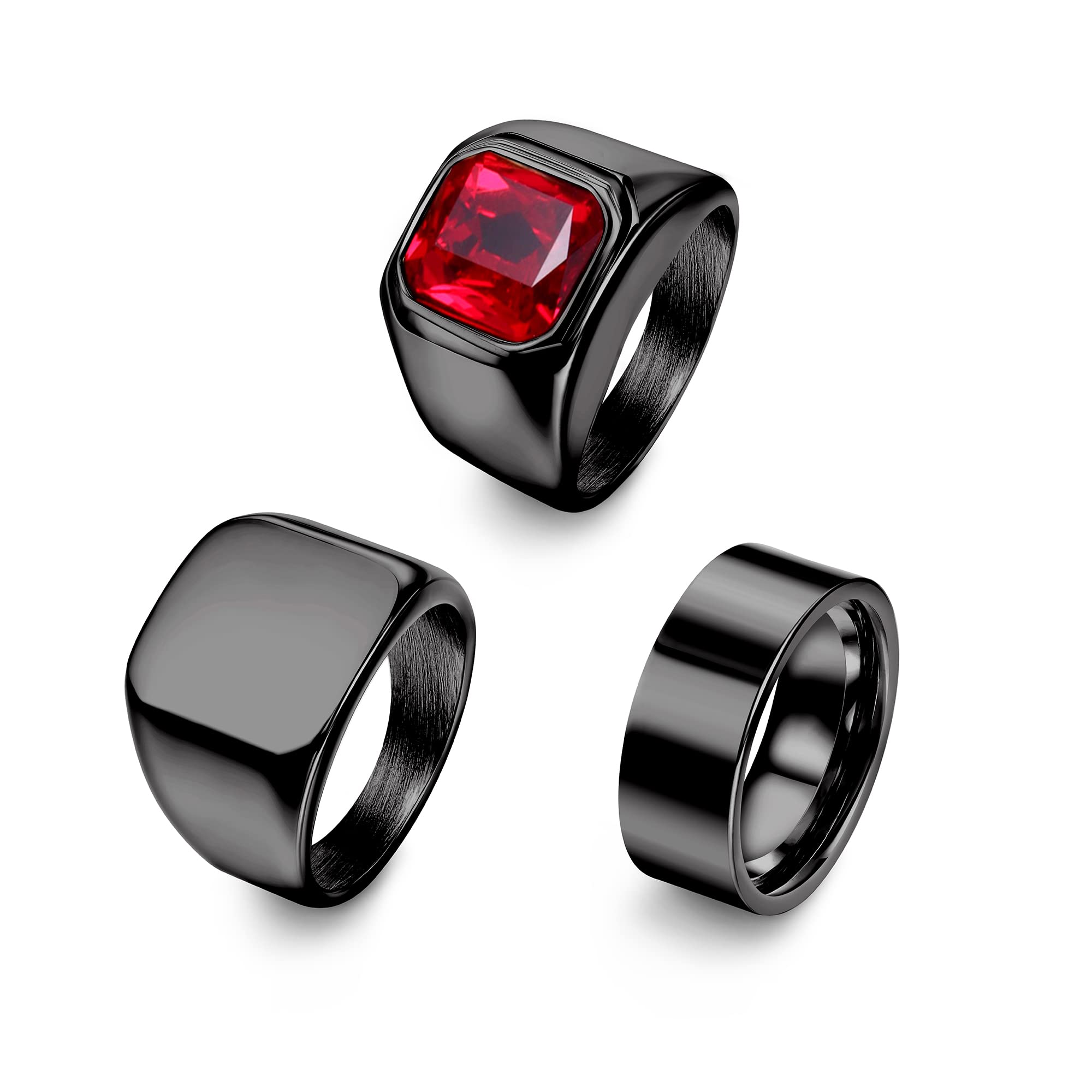 Dochais 3PCS Men's Stainless Steel Signet Rings - Square Agate Onyx Biker Rings, Solid Polished Retro Band Rings Set (Size 7-13) - Perfect for Casual Wear, Gifts & Biker Fashion Accessories
