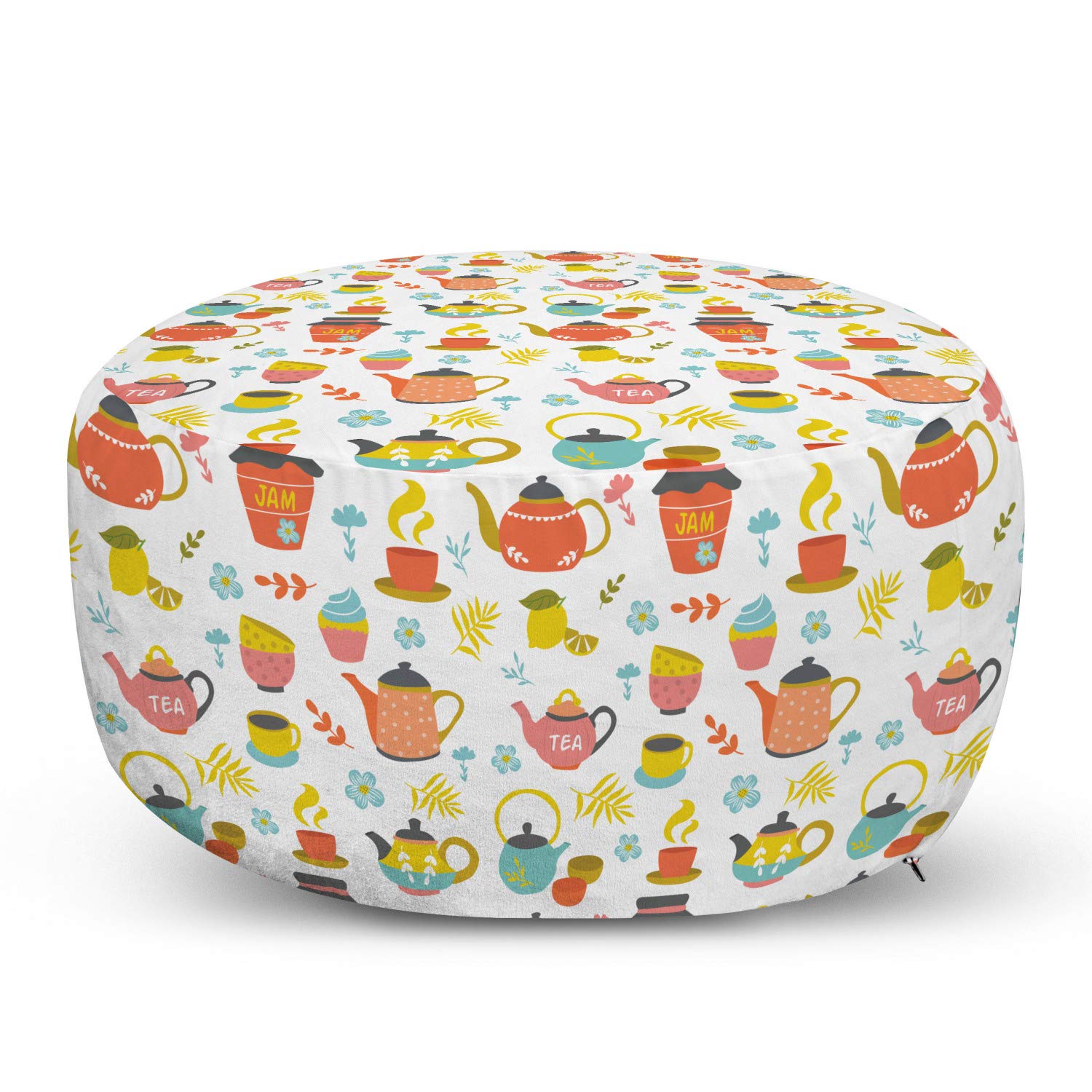 Ambesonne Tea Party Ottoman Pouf - Decorative Foot Rest with Removable Cover, Kitchen & Bakery Theme Featuring Jam, Teapot & Coffee Mug Floral Design - Perfect for Living Room, Bedroom & Reading Nook
