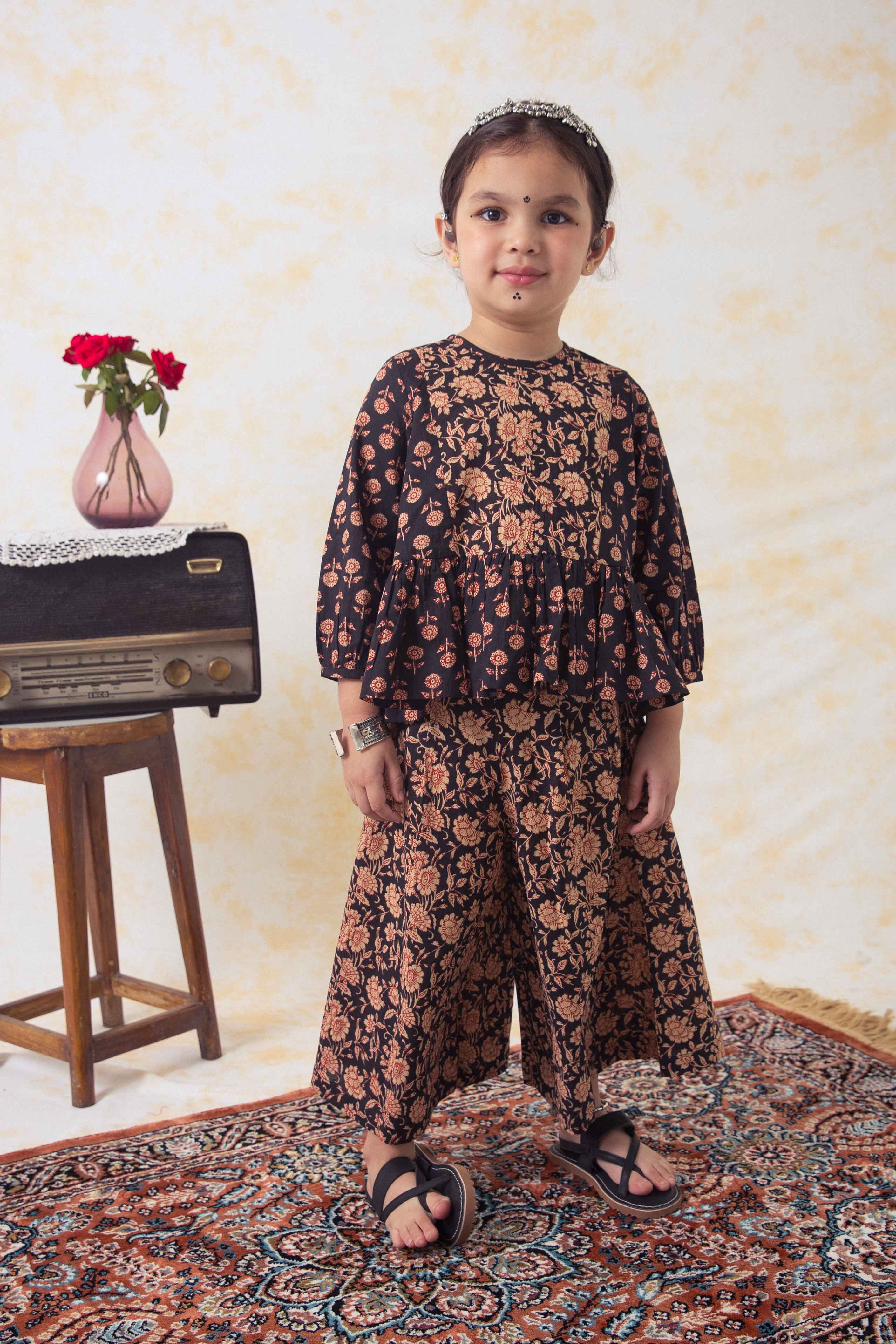 Pre Order: Girls Indie Print Cotton Top & Pant Set - Black | Stylish Outfit for Casual Wear, School & Playdates