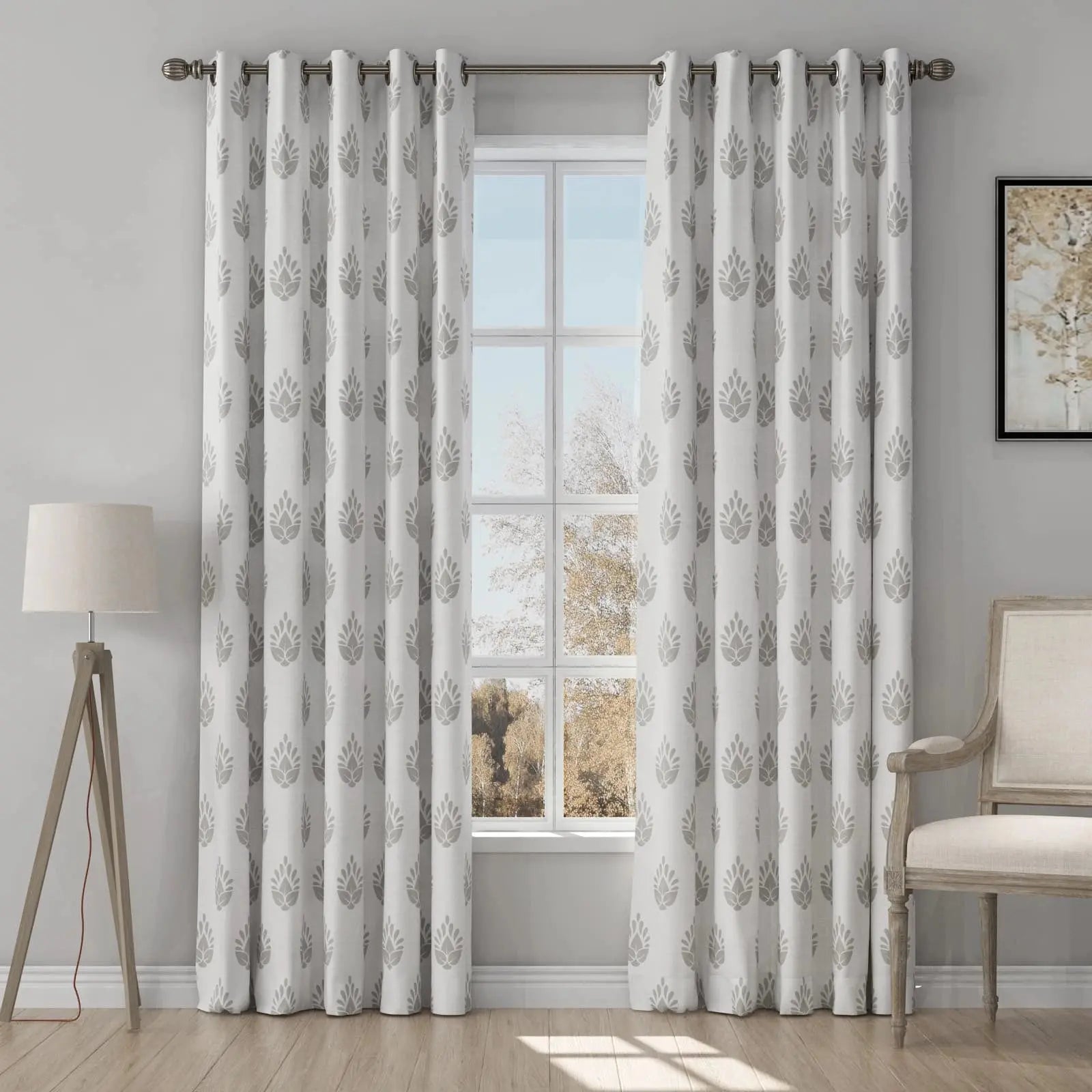 Stefana Silver Print Linen Curtains with Grommet Top - Elegant Window Drapes for Living Room, Bedroom & Dining Room Decor