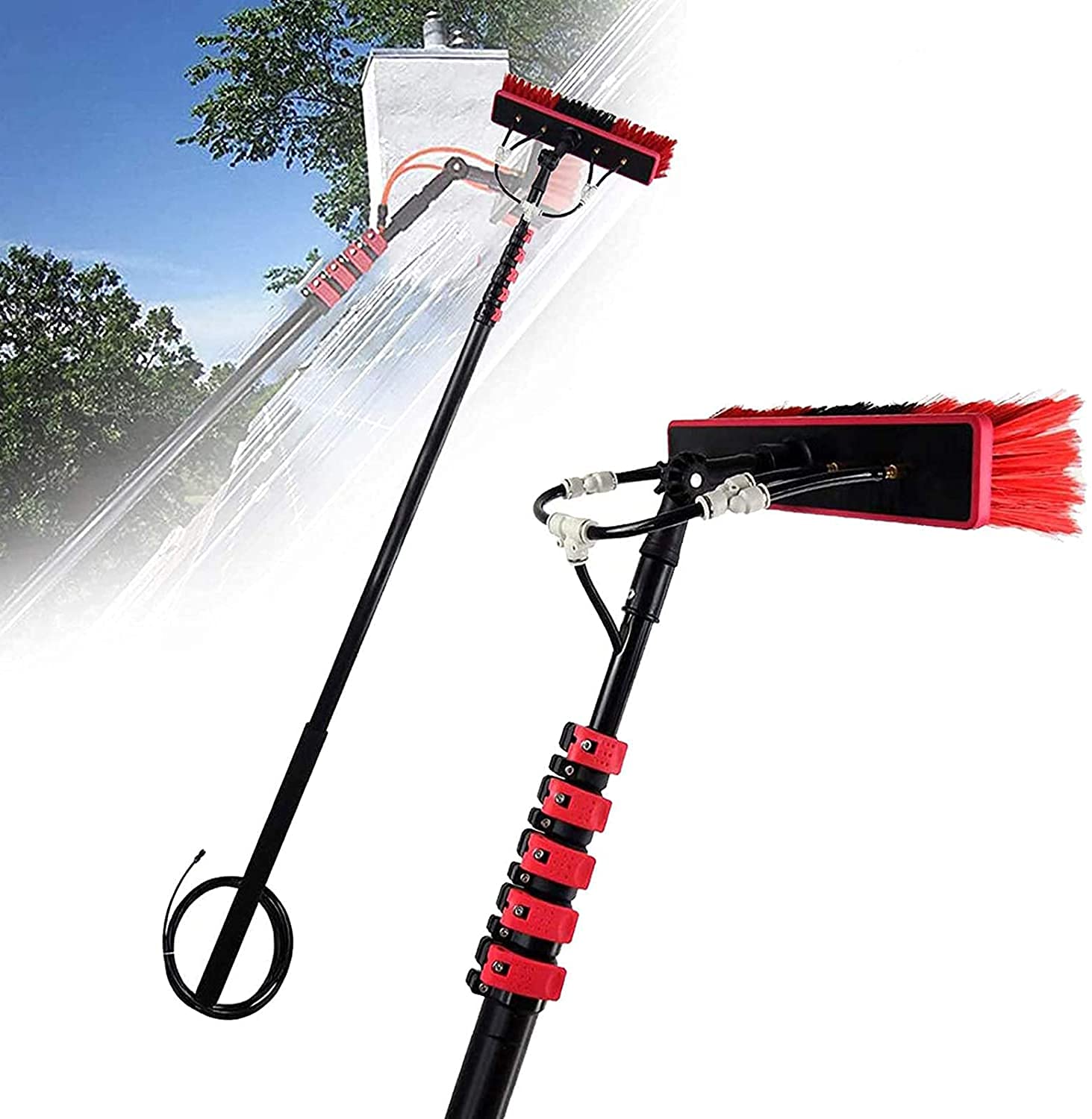 **30FT/9m Water Fed Pole Kit - Professional Outdoor Window Cleaner, Solar Panel Cleaning System with Scrubber Brush & Hose Spray Washer - Ideal for High-Rise Buildings, Photovoltaic Maintenance & Home Exterior Washing**