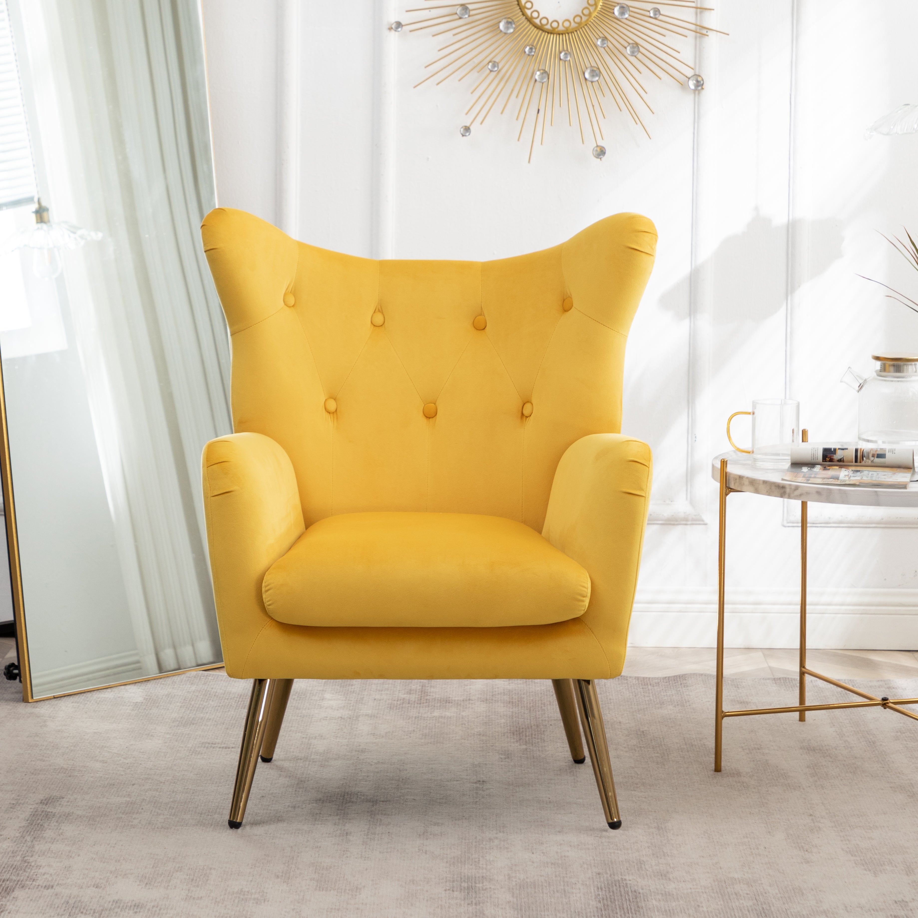 Roundhill Furniture Sovarol Velvet Button Tufted Wingback Accent Chair - Luxurious Yellow Velvet Upholstery for Living Room, Bedroom & Home Office Decor