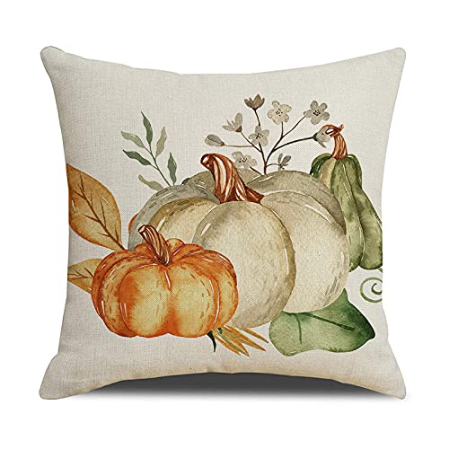Fall Pumpkin Throw Pillow Covers Set of 4 - 18x18 Inch Autumn Thanksgiving Decorative Pillow Cases for Sofa, Couch, Bed - Cozy Home Decor for Living Room, Porch & Seasonal Holiday Decorations