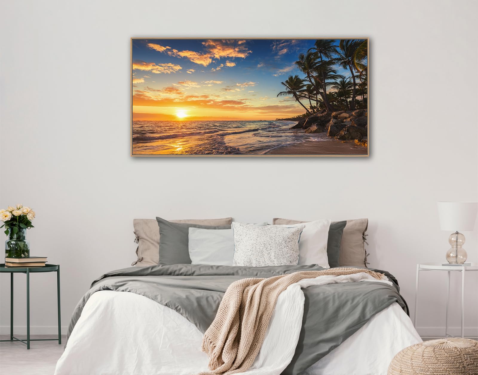 Tropical Sunset Beach Wall Art - Framed Coastal Ocean Waves Painting with Coconut Trees | 29x58 Inch Canvas Print for Home & Office Decor | Perfect for Living Room, Bedroom or Beach House